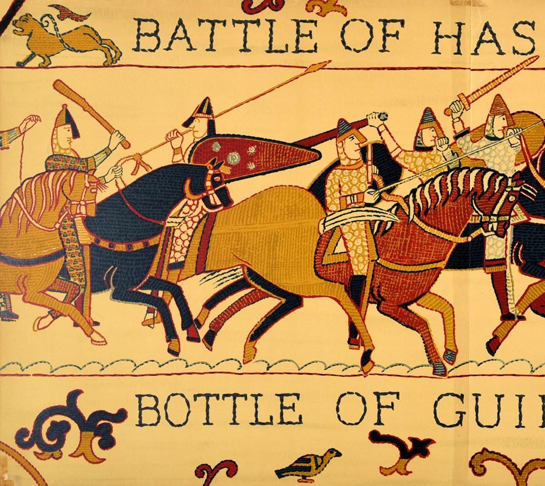 Original vintage Guinness advertising poster featuring a fun, colourful and great design using a scene from the Bayeux Tapestry depicting knights on horses armed with clubs, swords and spears within a decorative border with the stitched style