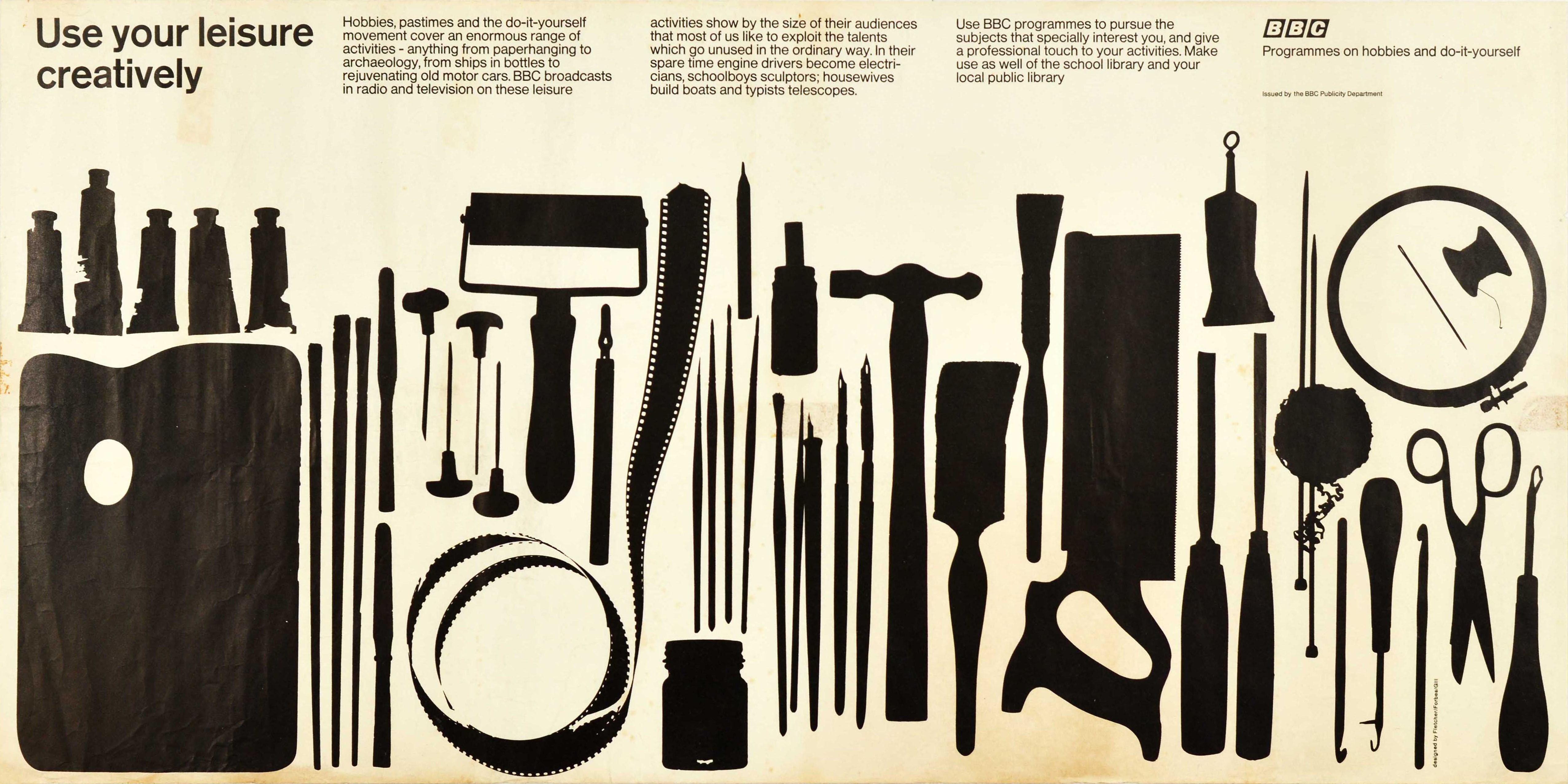 Original vintage advertising poster for BBC Programmes on Hobbies and do-it-yourself featuring black silhouettes of paint tubes, artist palette, etching and engraving equipment, cinematography film reel, drawing and ink pens, hammer and crafting