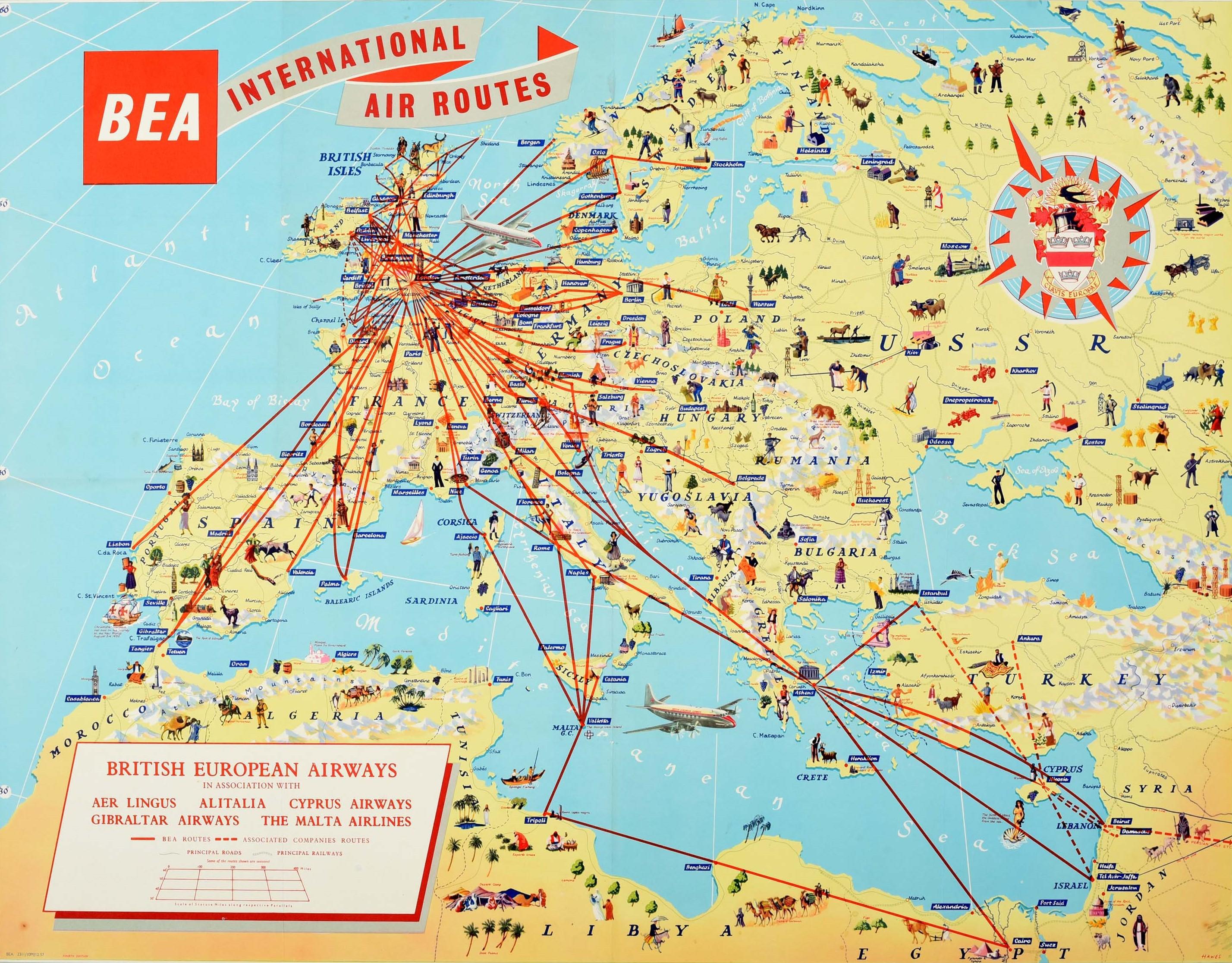 Original vintage travel advertising poster for BEA British European Airways International Air Routes featuring an illustrated map showing the airline route lines and associated links with Aer Lingus Alitalia Cyprus Airways Gibraltar Airways and The