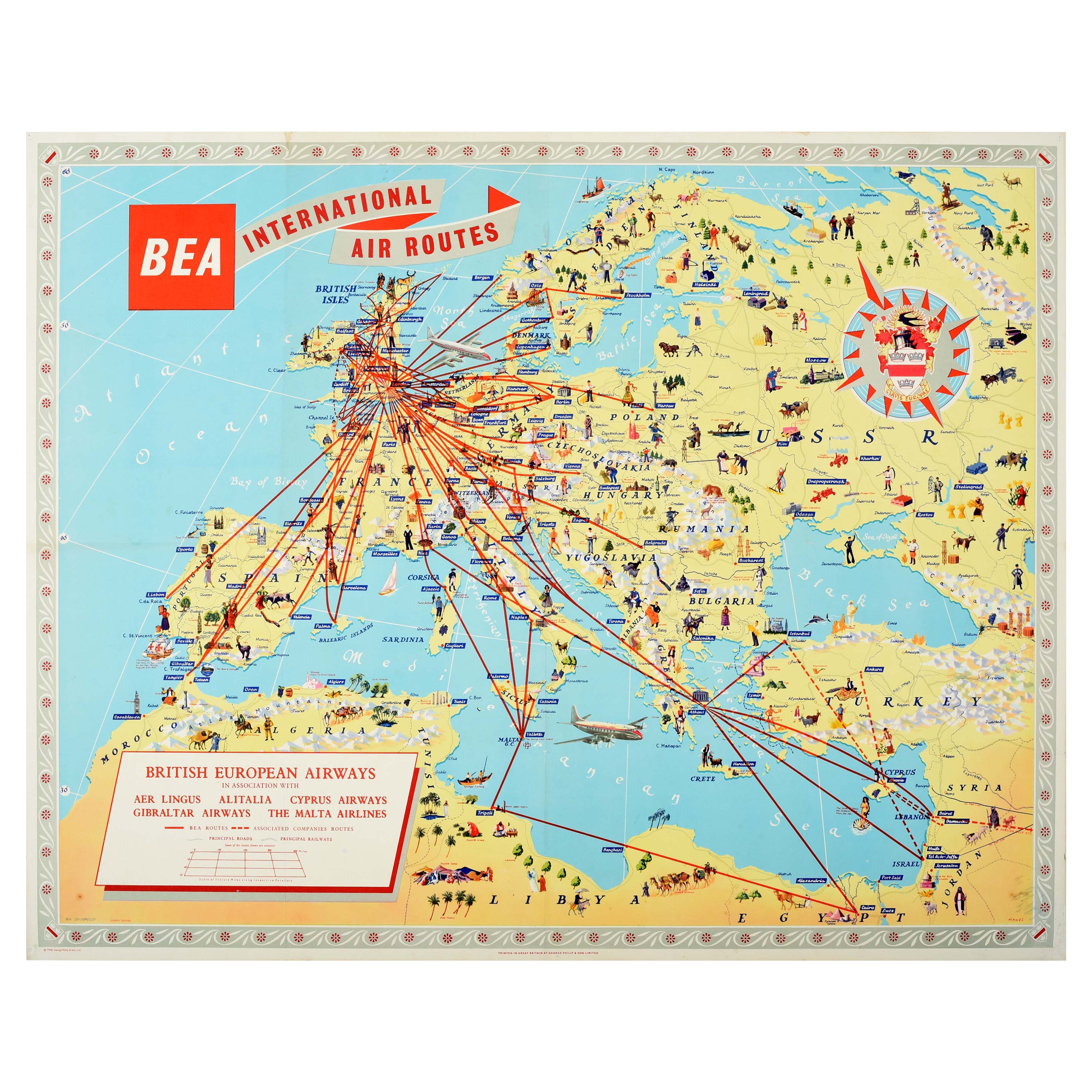 Poster originale d'epoca BEA British European Airways Mappa delle rotte aeree internazionali