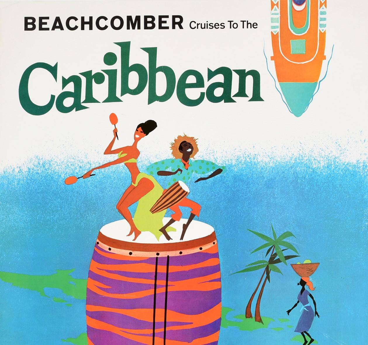 Original vintage travel poster advertising Beachcomber Cruises to the Caribbean featuring a fun and colorful illustration of people dancing and playing music on top of a drum with palm trees and a lady carrying fruit on a green map of the islands in