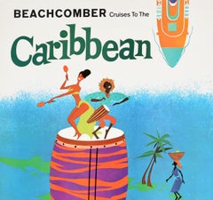 Affiche vintage d'origine de croisières en caoutchouc de plage, Voyage en Caraïbes, Musique, Danse