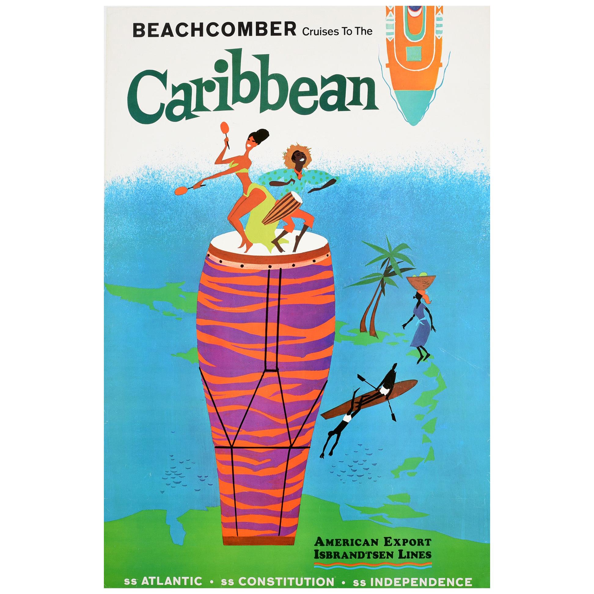 Original Vintage Poster Beachcomber Cruises Caribbean Travel Ship Music Dancing