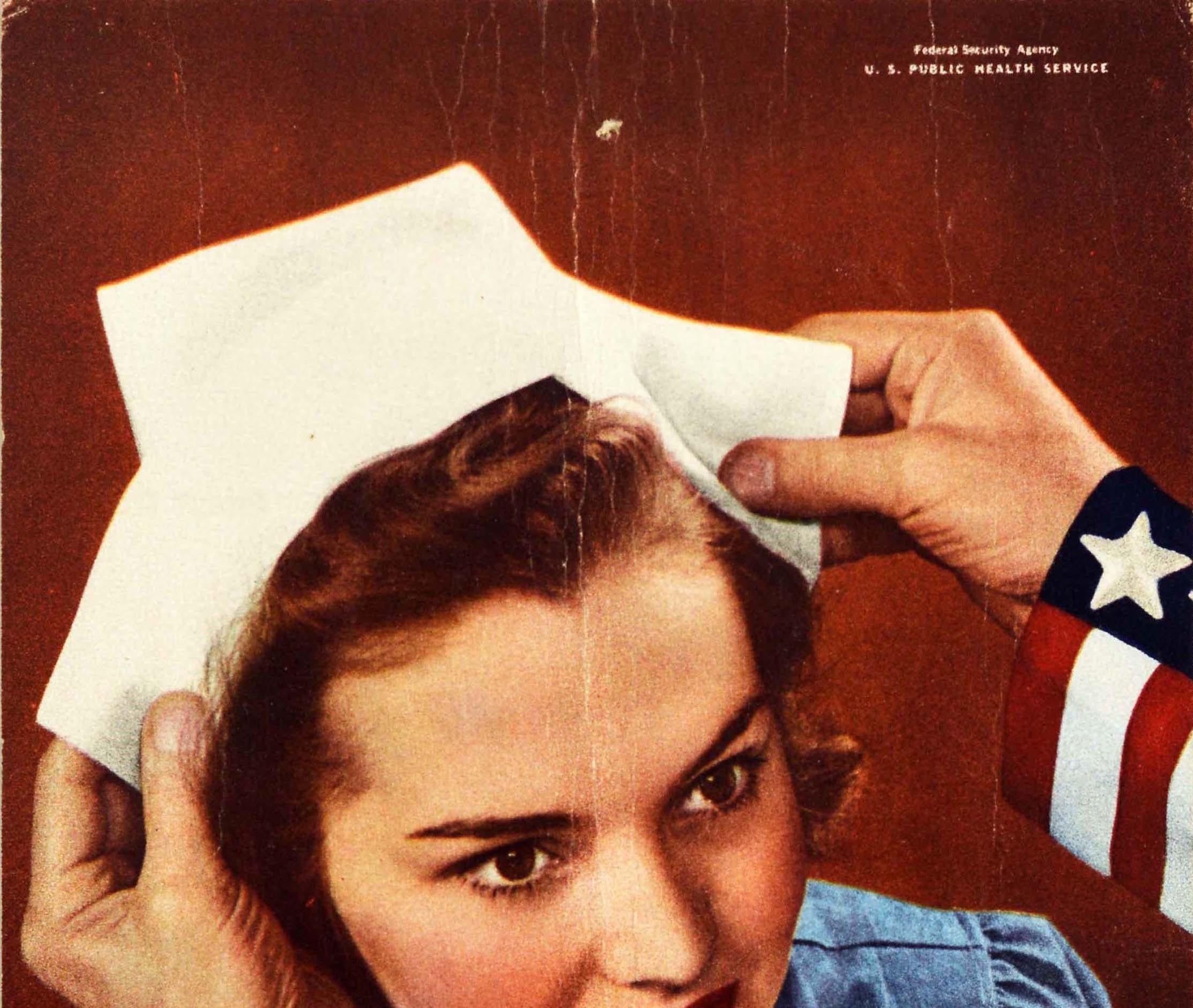 Original vintage World War Two volunteer recruitment poster - become a Nurse Your Country Needs You - featuring a patriotic design showing a young lady in a blue nurse's uniform looking up as a man places a white nurse cap on her head, his blue