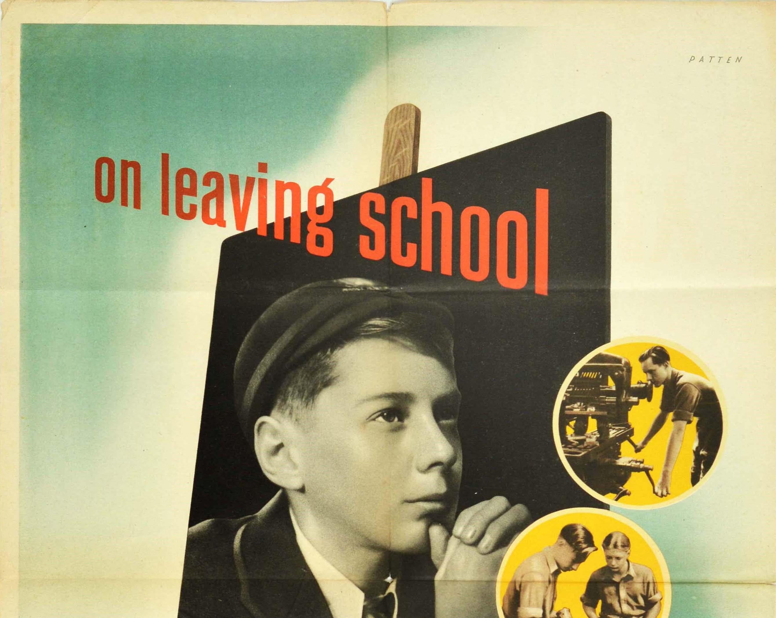 Original vintage army recruitment poster - On leaving school become an army apprentice tradesman - featuring a great design showing a black and white photo of a young schoolboy in smart school uniform thinking about his future career on a blackboard