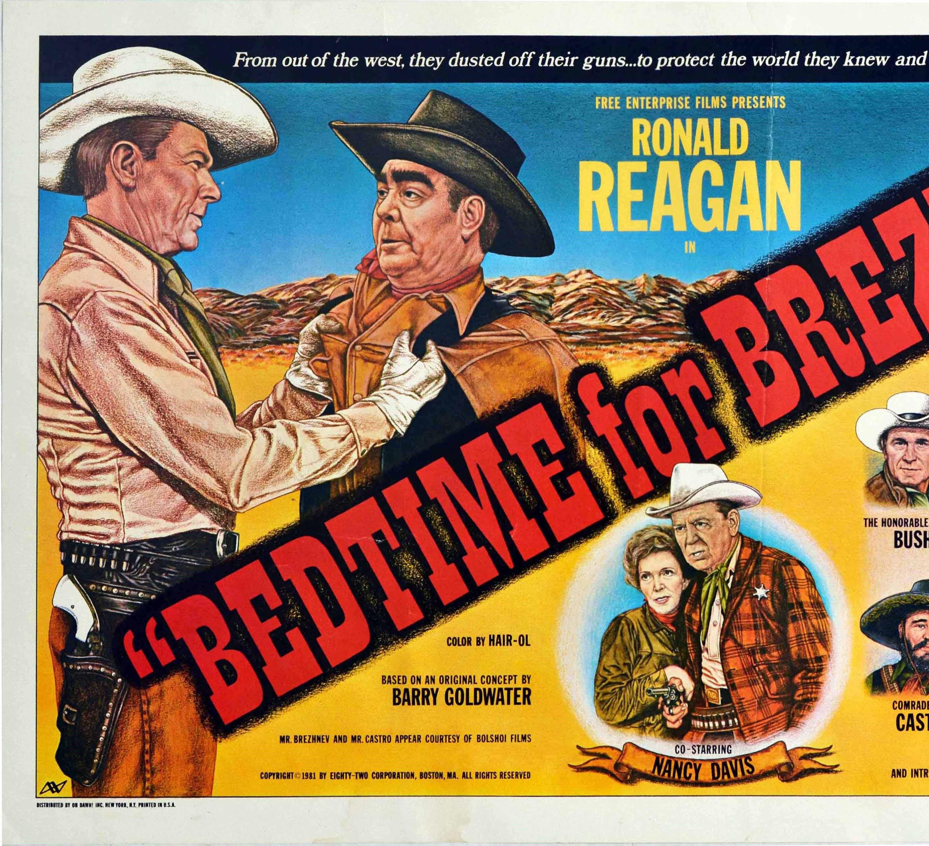 Original vintage political satire poster for a movie spoof Bedtime For Brezhnev based on an original concept by Barry Goldwater starring various world leaders with a note that Mr Brezhnev and Mr Castro appear courtesy of Bolshoi Films - Free