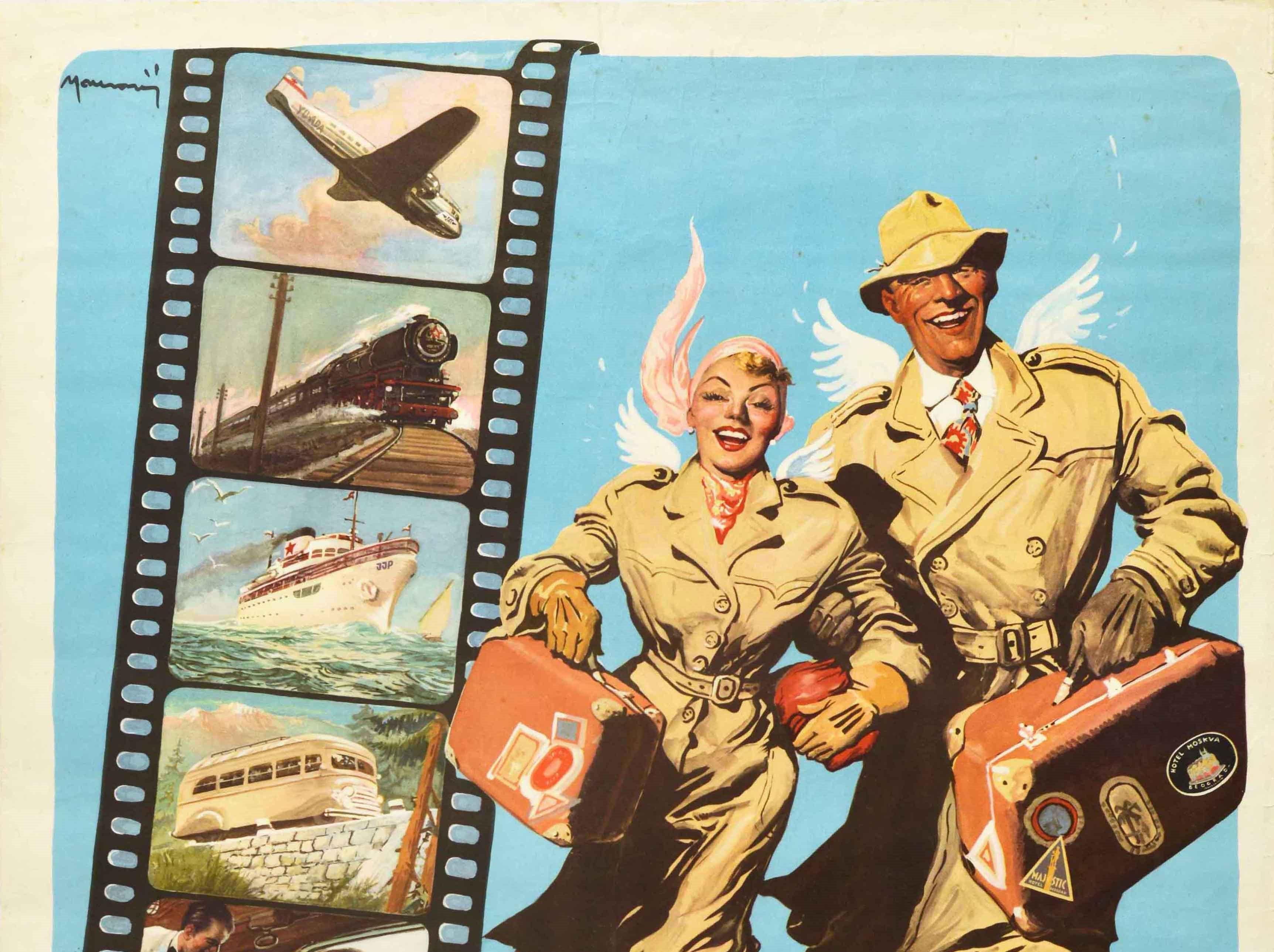 Serbe Affiche rétro originale Belgrade Yugoslavia Turist Express, Dessin de voyage de vacances en vente