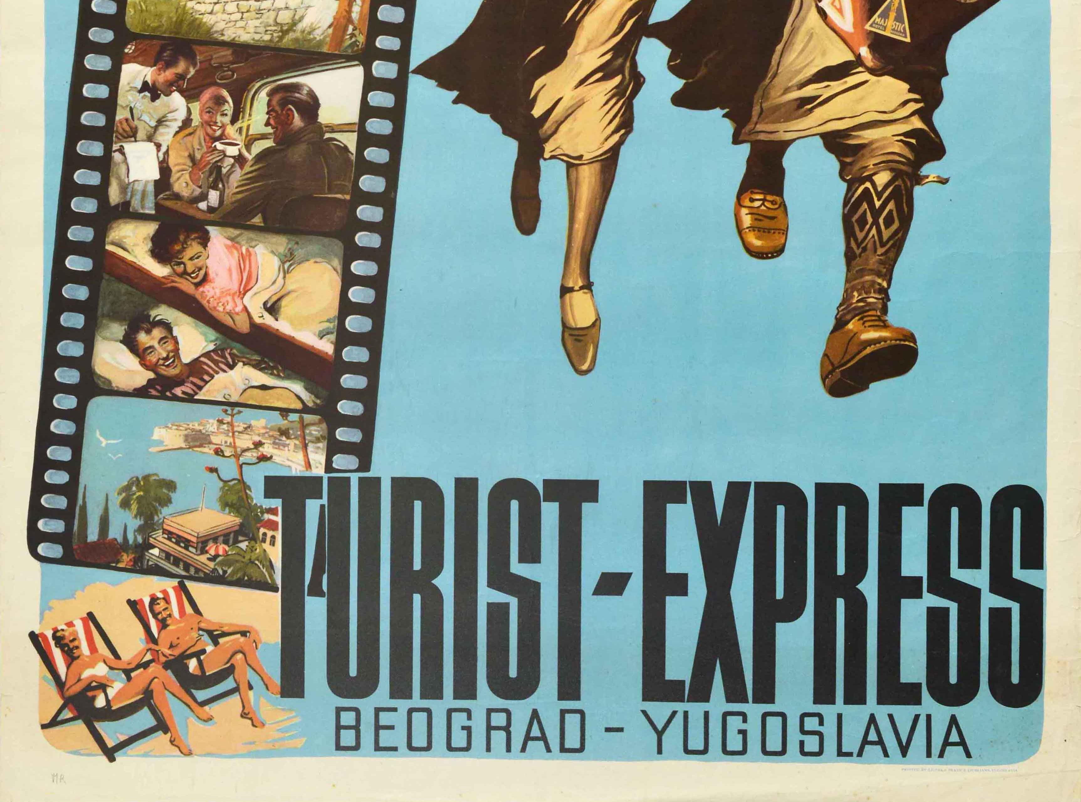 Affiche rétro originale Belgrade Yugoslavia Turist Express, Dessin de voyage de vacances Bon état - En vente à London, GB