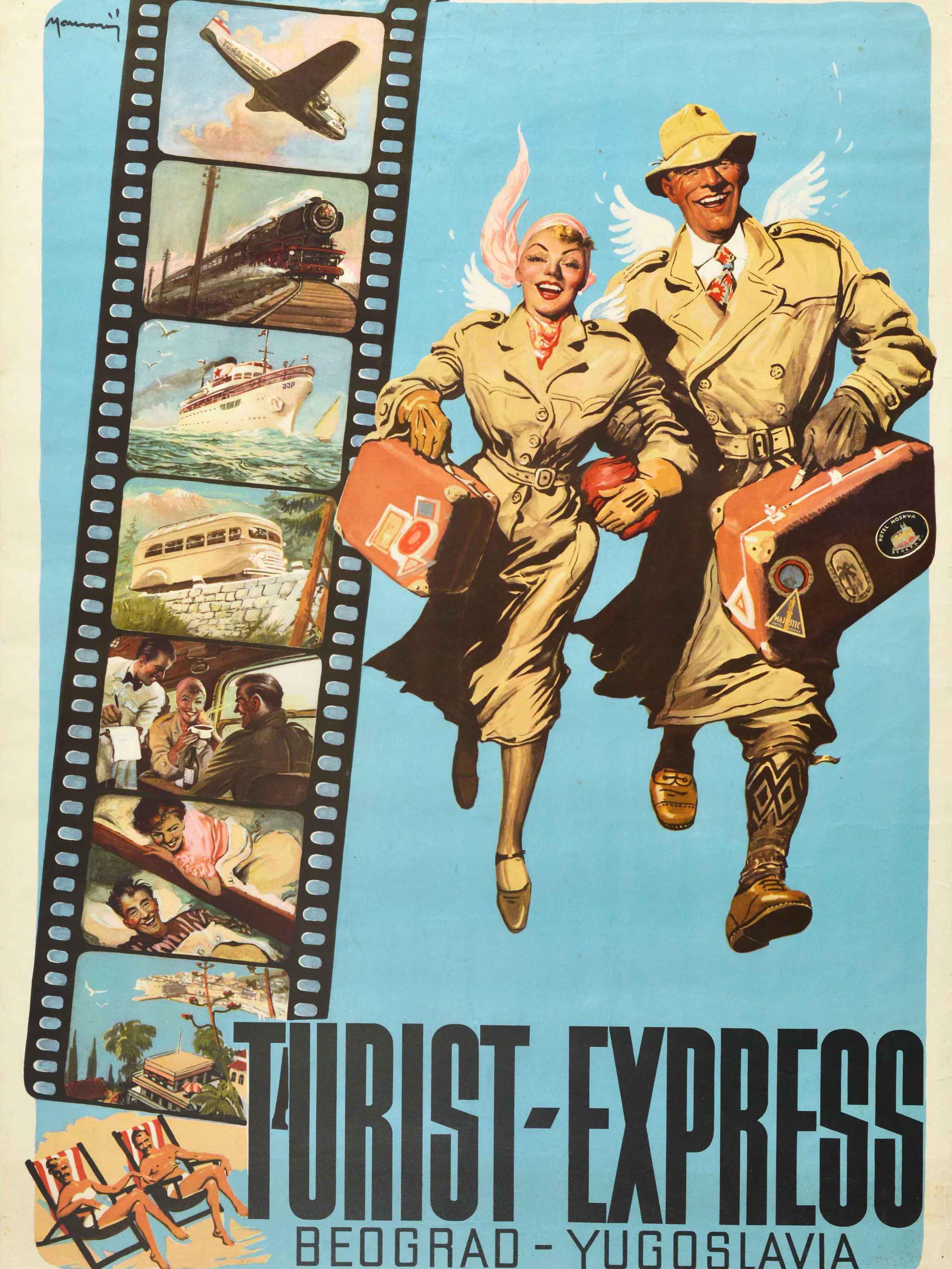 Milieu du XXe siècle Affiche rétro originale Belgrade Yugoslavia Turist Express, Dessin de voyage de vacances en vente