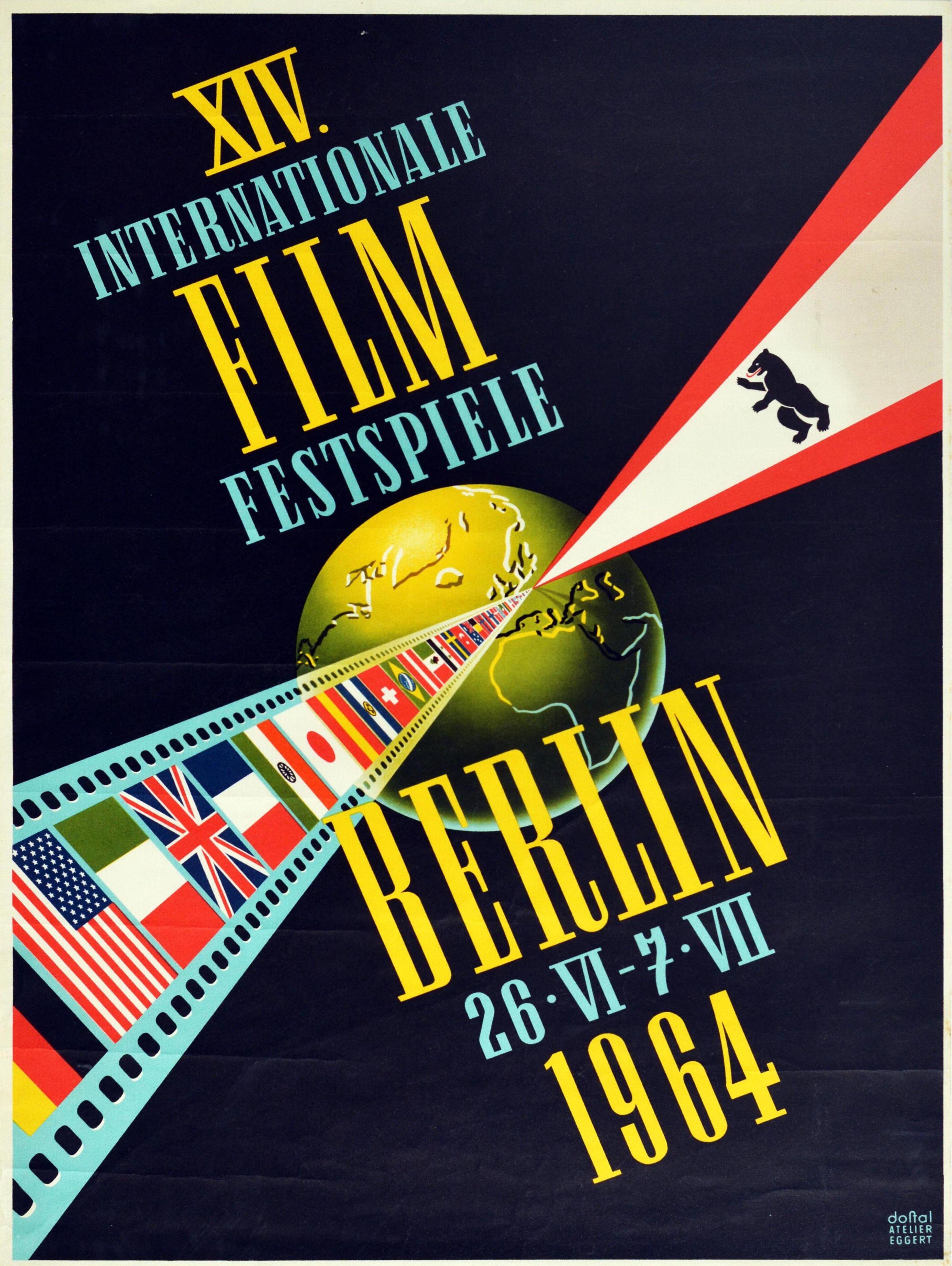 Original vintage advertising poster for the XIV Berlin International Film Festival held from 26 June to 7 July 1964 featuring a dynamic and colourful illustration depicting the flag of Berlin with the city's black bear emblem on a white background