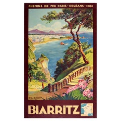 Poster originale d'epoca Biarritz Costa Basca Francia Chemins De Fer Arte di Viaggio