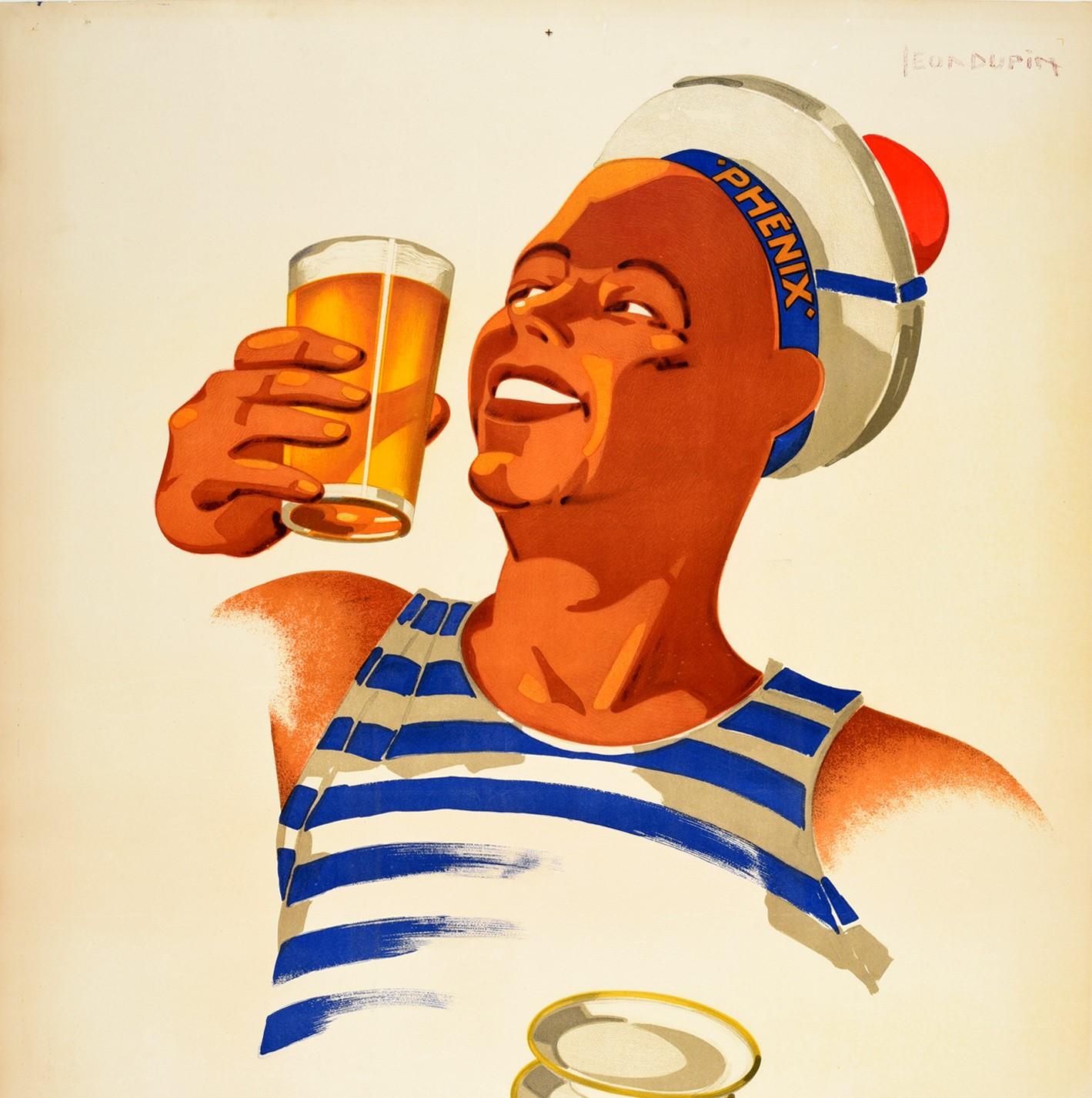 Original vintage drink advertising poster for Biere Phenix featuring a colourful design by the French artist Leon Dupin (1898-1971) of a smiling sailor wearing a blue and white striped top and holding a glass of beer with a stack of plates and the