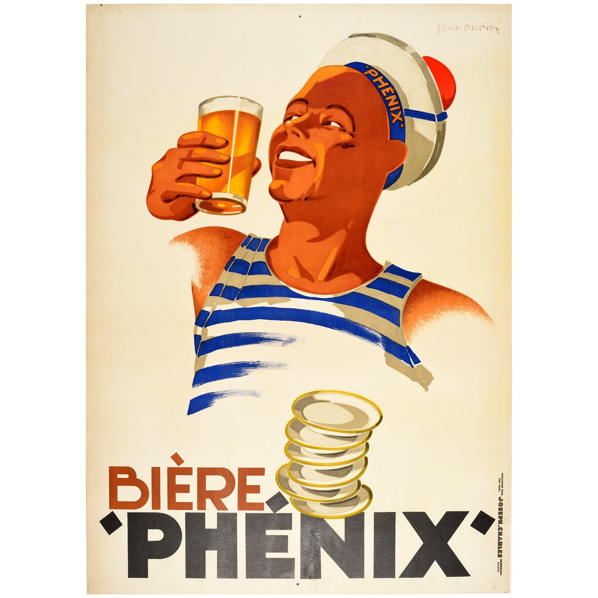 Original Vintage Poster Biere Phenix Beer Sailor Design Drink Advertising Art For Sale