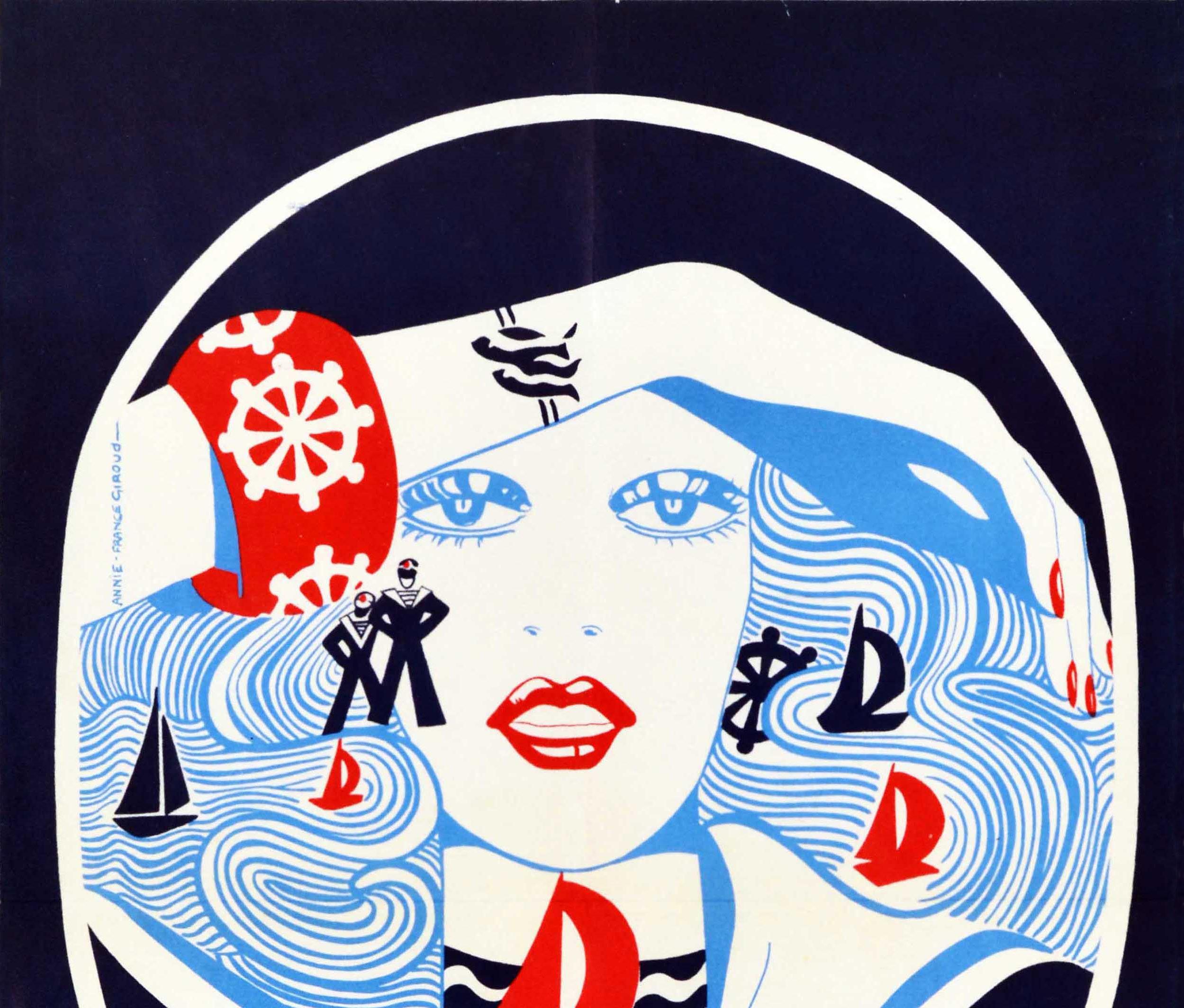 Original vintage fashion advertising poster for Bijou Fantaisie costume jewellery featuring an illustration in pale blue and white of a lady with long flowing hair and red lipstick wearing a sailor's top with a fish style bracelet and a thick red