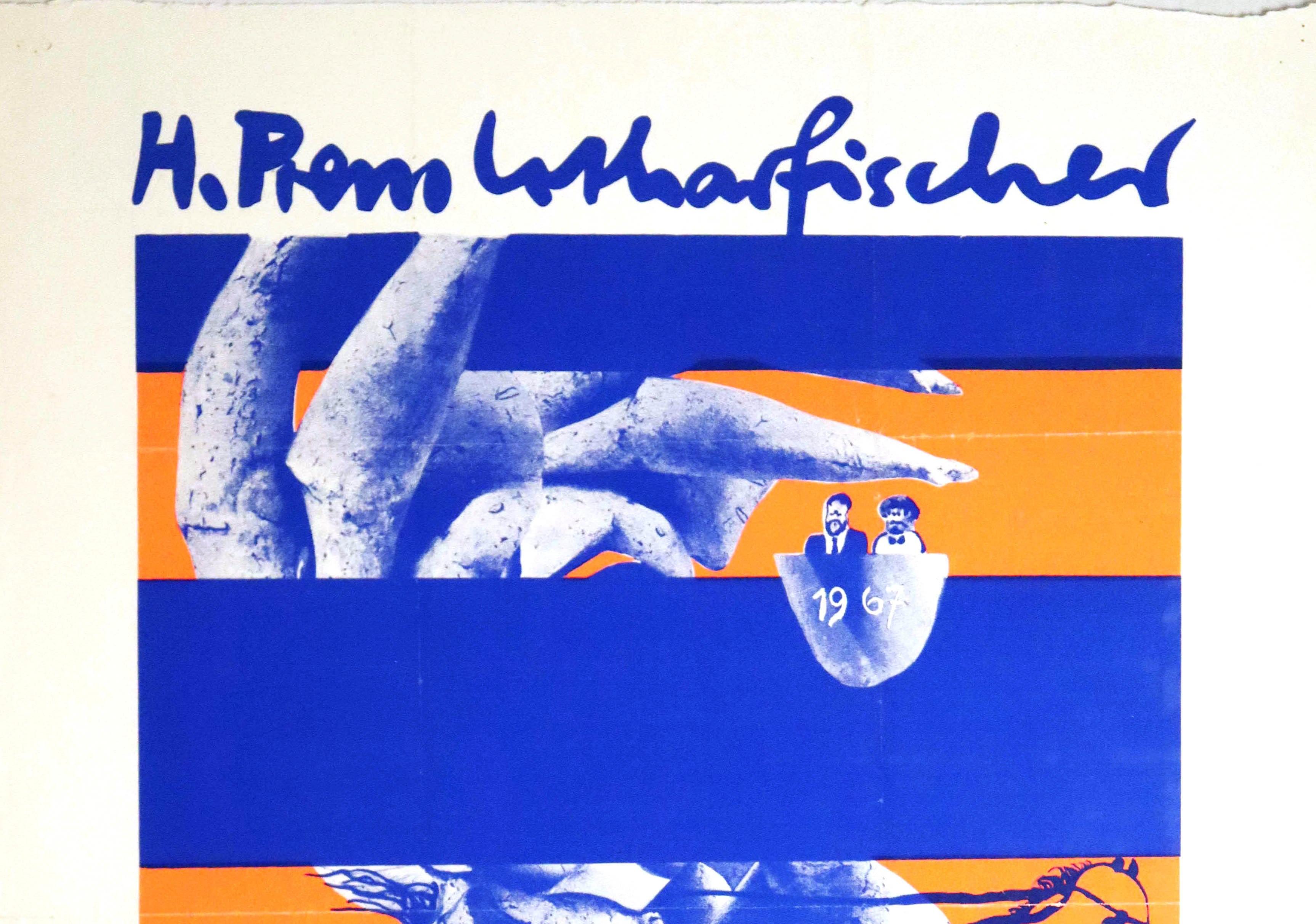 Affiche publicitaire originale d'époque pour l'exposition Bilder + Plastiken / Images + Sculptures du sculpteur allemand Lothar Fischer (1933-2004) et du peintre et sculpteur allemand Heimrad Prem (1934-1978) à la Galerie Van De Loo à Munich du 20