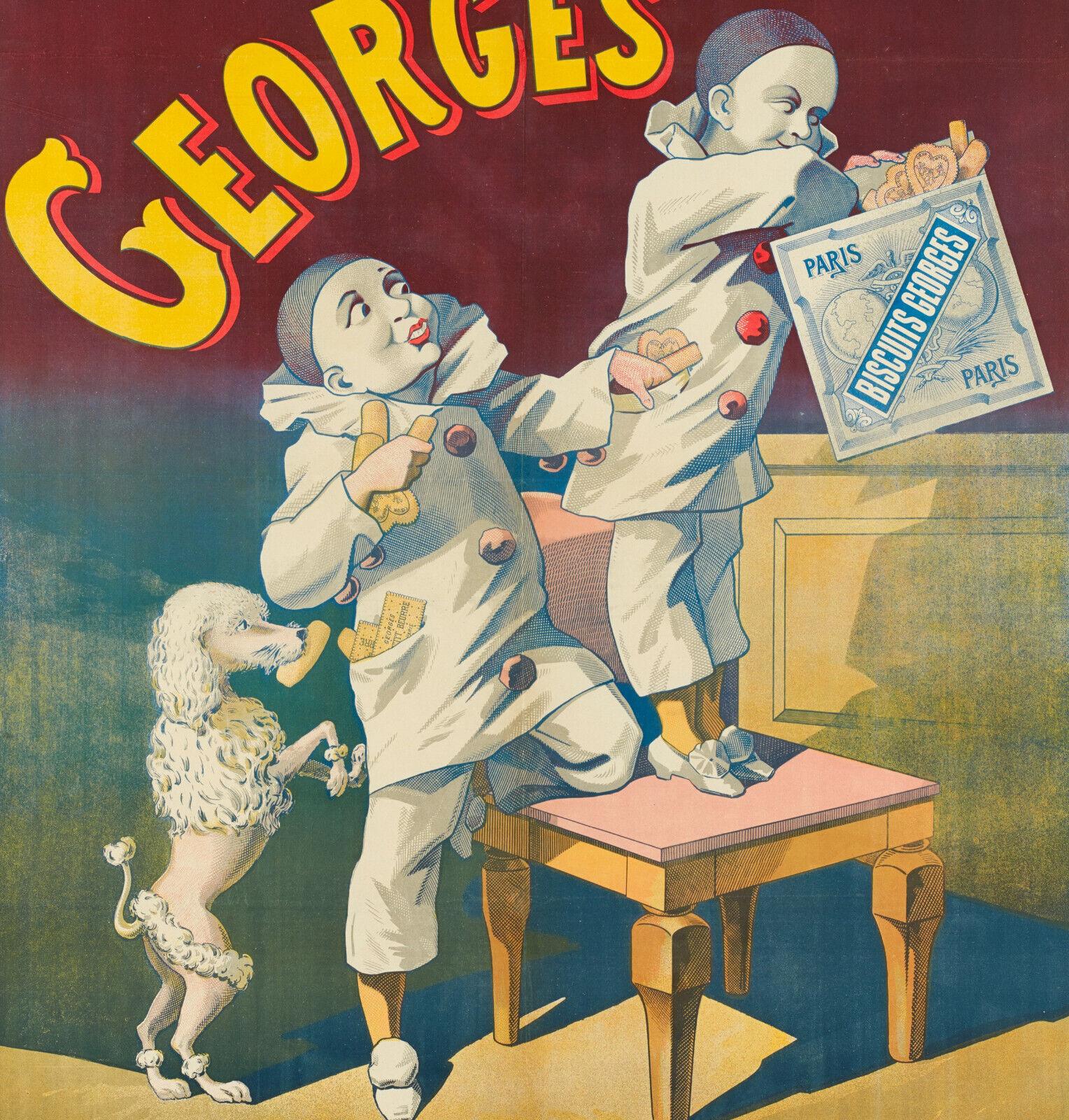 Original Vintage Poster-Biscuit Georges-Caniche-Pierrot-Paris-Chien, 1900

On the poster, a poodle steals cookies from the pocket of a Pierrot, who himself steals them from another Pierrot.

Additional Details:
Materials and Techniques: Colour