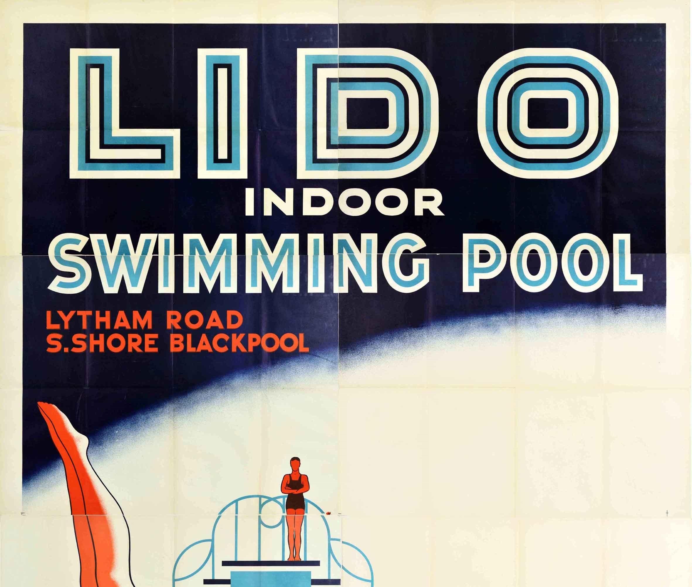 Very large size original vintage travel advertising poster for the Lido indoor swimming pool Lytham Road S. Shore Blackpool featuring a stunning Art Deco design for the South Shore Lido (1923-1983) at the popular seaside resort town of Blackpool in