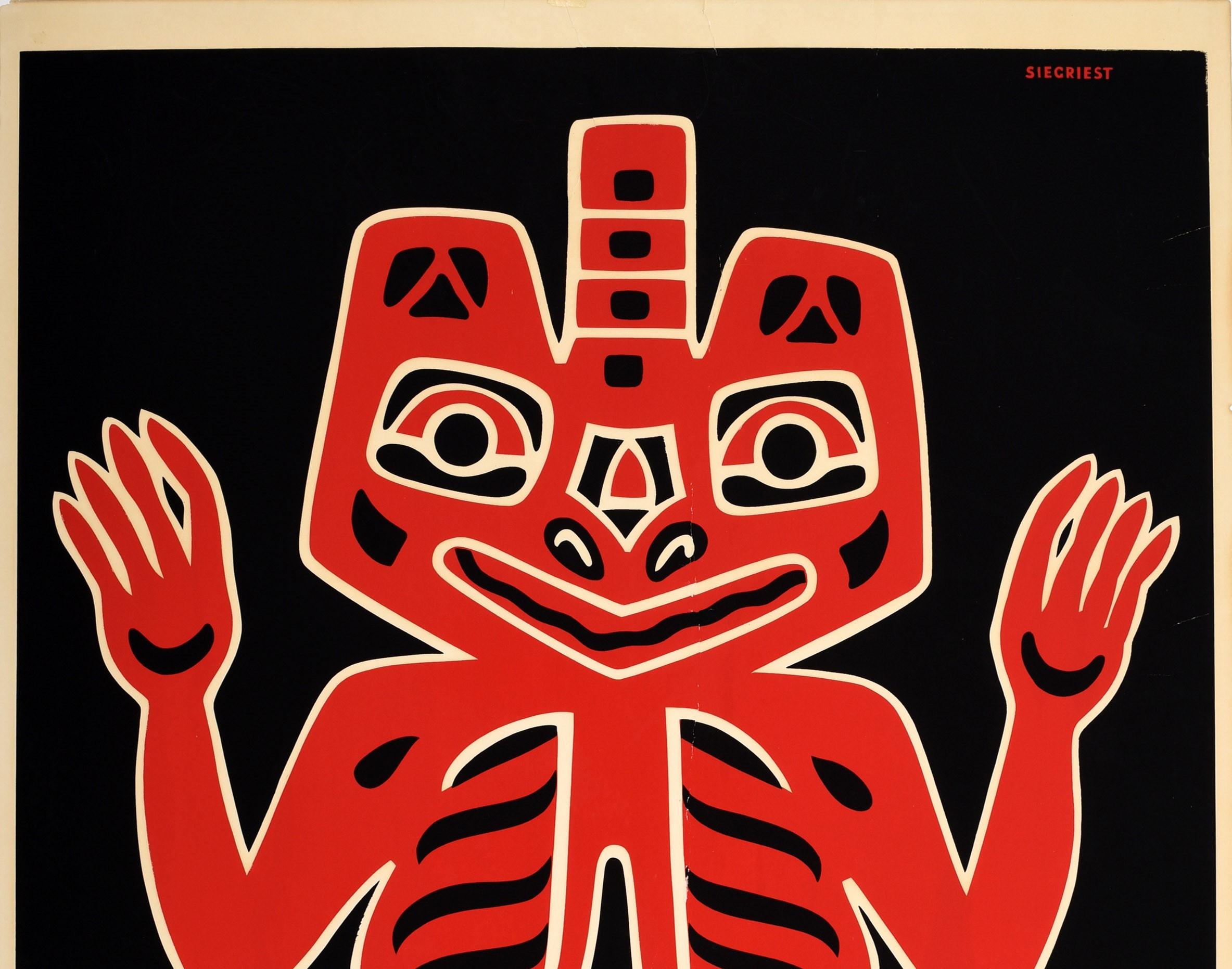 Original vintage exhibition poster featuring artwork by Louis Siegriest (1899-1990) depicting a Blanket Design of the Haida Indians Alaska in red against a black background with the bold text in stylised red, blue and white lettering below - Indian