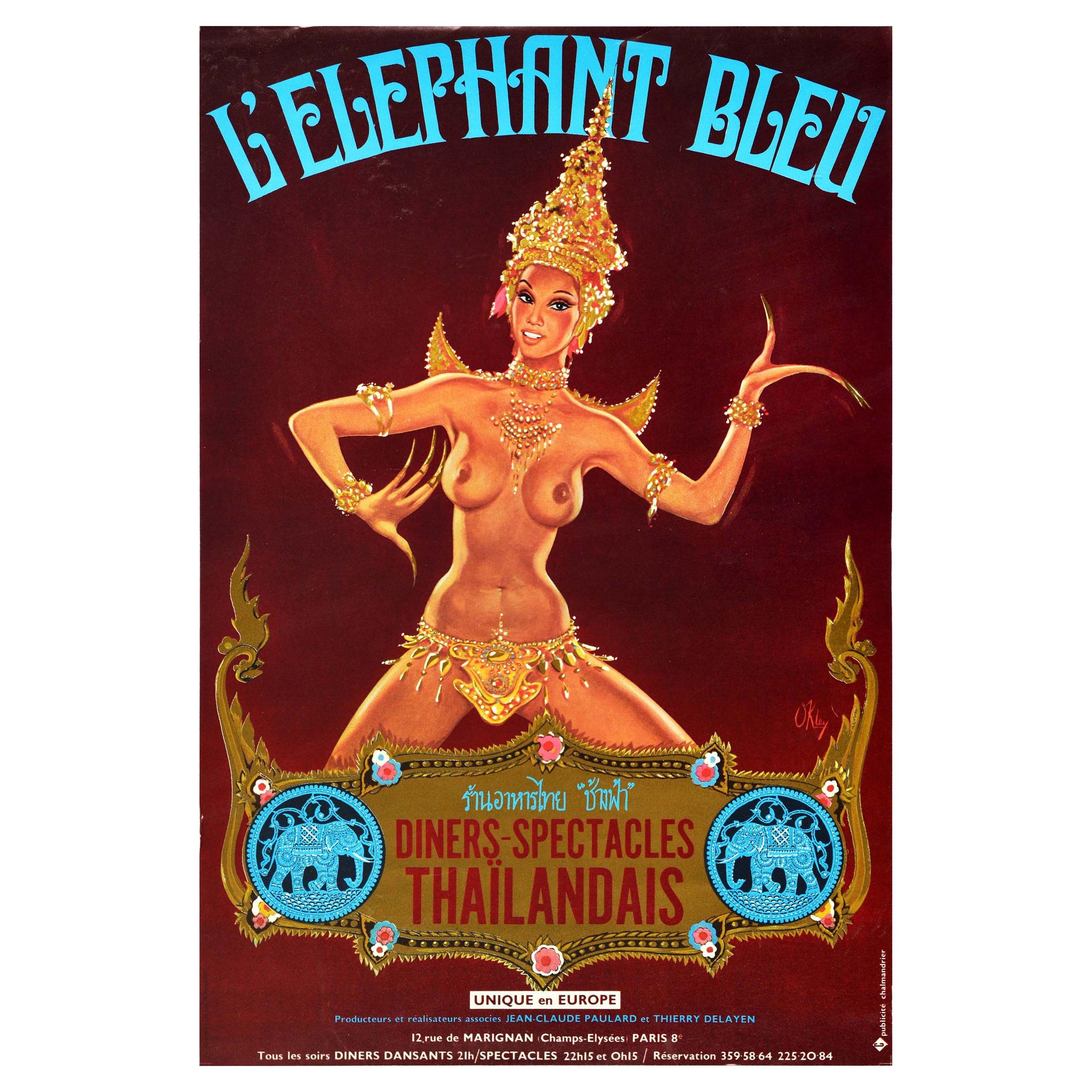 Affiche rétro originale, Éléphant bleu, Champs Élysées, Paris, Exposition thaïlandaise, Pin Up