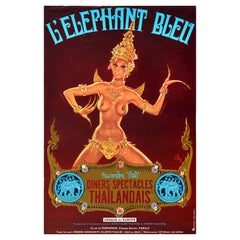 Original Retro Poster Blue Elephant Bleu Champs Elysees Paris Thai Show Pin Up