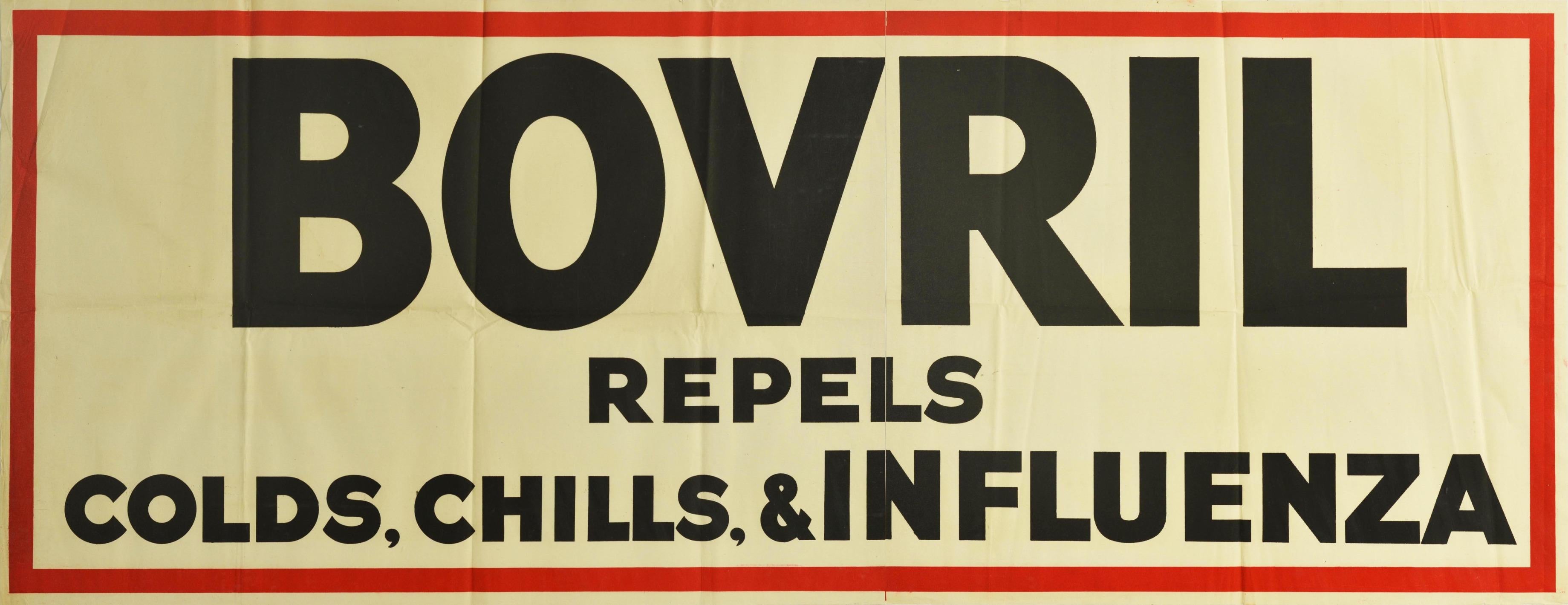 Originales Werbeplakat für Bovril - Bovril vertreibt Erkältungen, Schüttelfrost und Grippe - mit fetten schwarzen Buchstaben auf weißem Hintergrund in einem dicken roten Rahmen. Diese Kampagne wurde in den 1930er Jahren in Großbritannien gedruckt