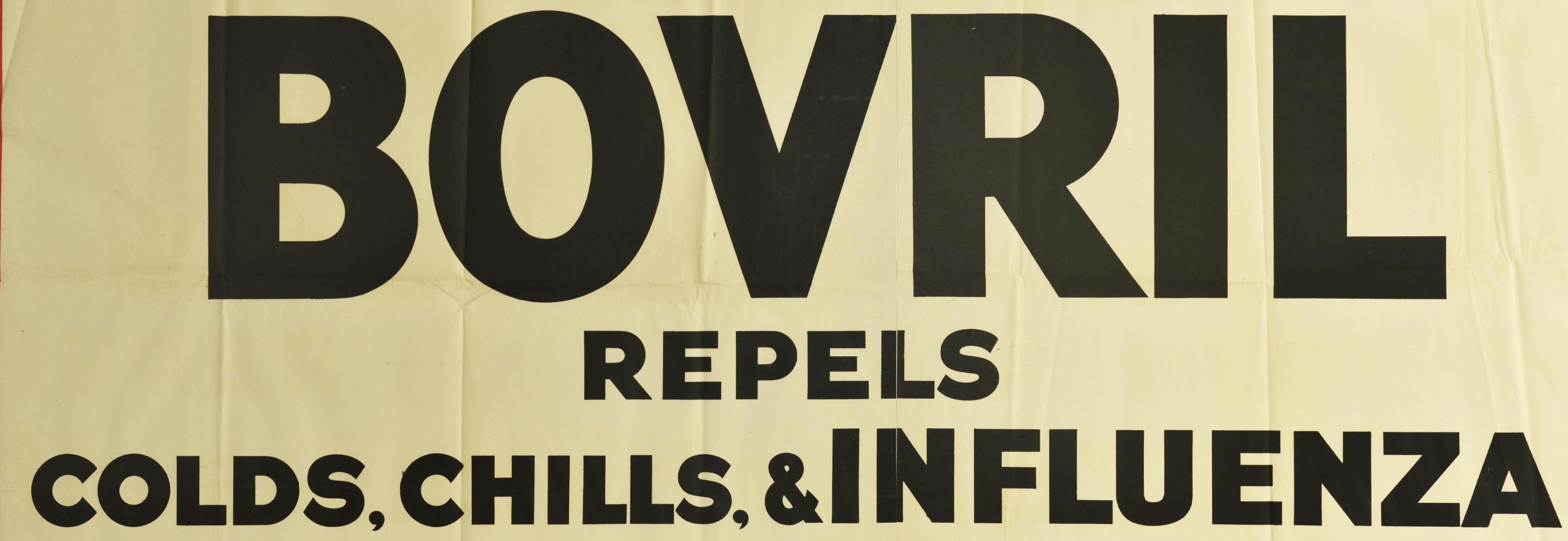Milieu du XXe siècle Affiche vintage d'origine Bovril Repels Colds Chills & Influenza Beef Drink Food (boissons froides, influences, boissons de poisson) en vente