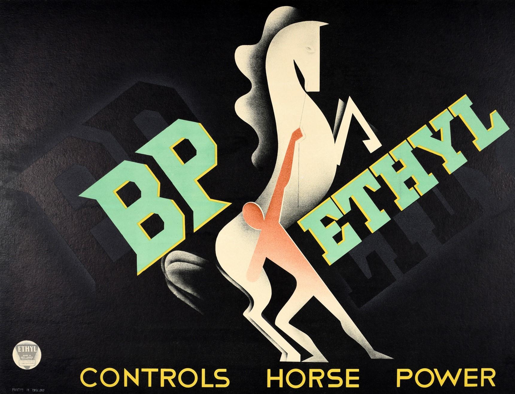 Affiche originale d'époque - BP Ethyl Controls Horse Power - présentant un superbe graphisme moderniste Art Deco de l'artiste italien Paolo Garretto (1903-1989). Image dynamique ombrée à l'aérographe d'un homme retenant et maîtrisant la force d'un