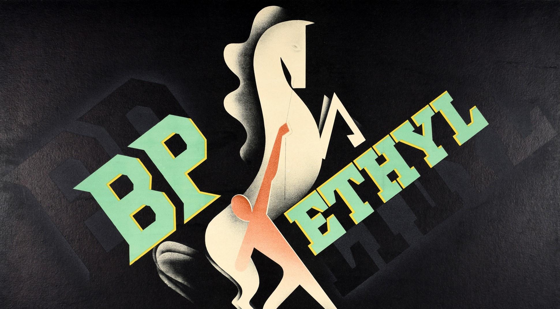 Britannique Affiche vintage d'origine BP Ethyl Controls Horse Power, design moderniste Art Déco en vente