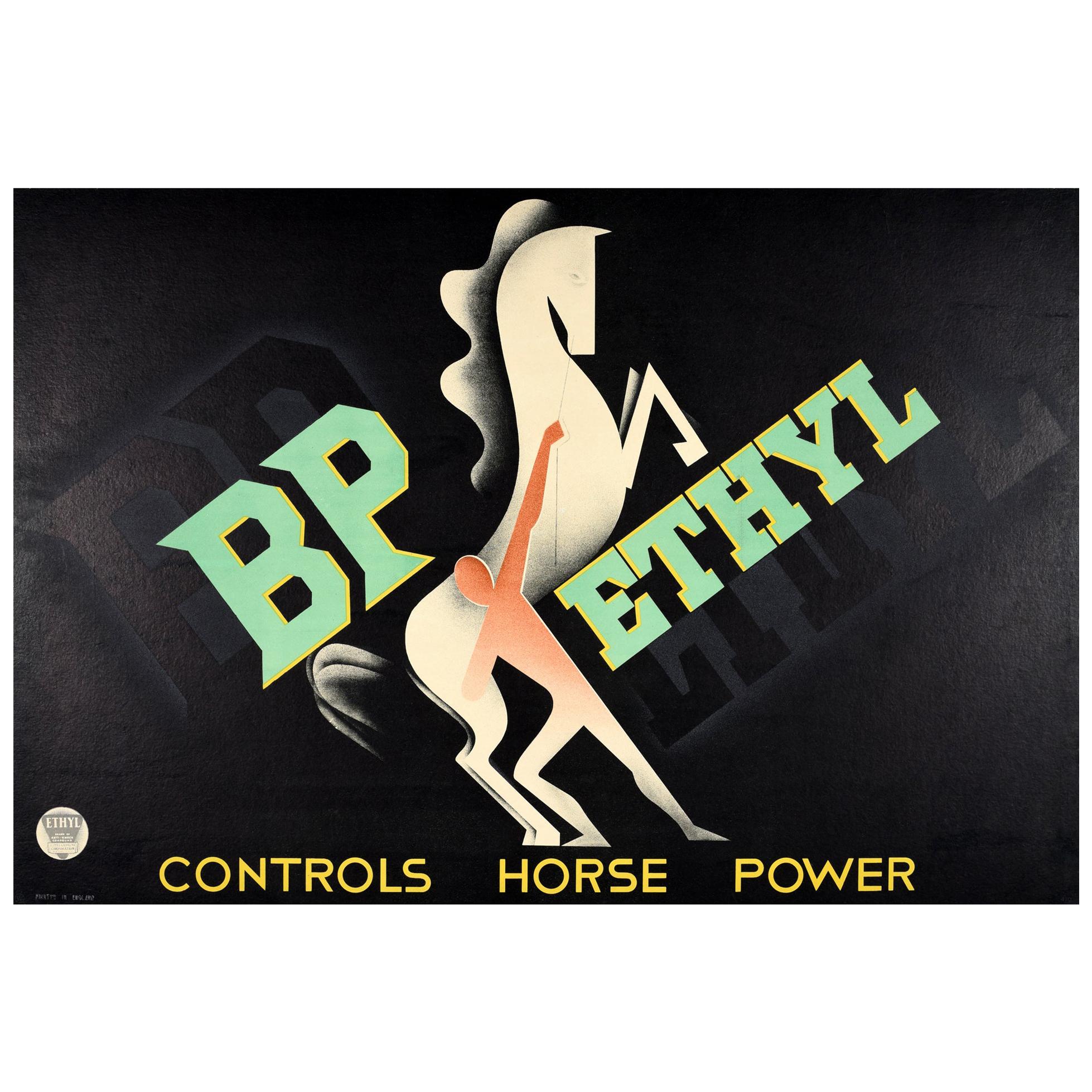 Affiche vintage d'origine BP Ethyl Controls Horse Power, design moderniste Art Déco en vente