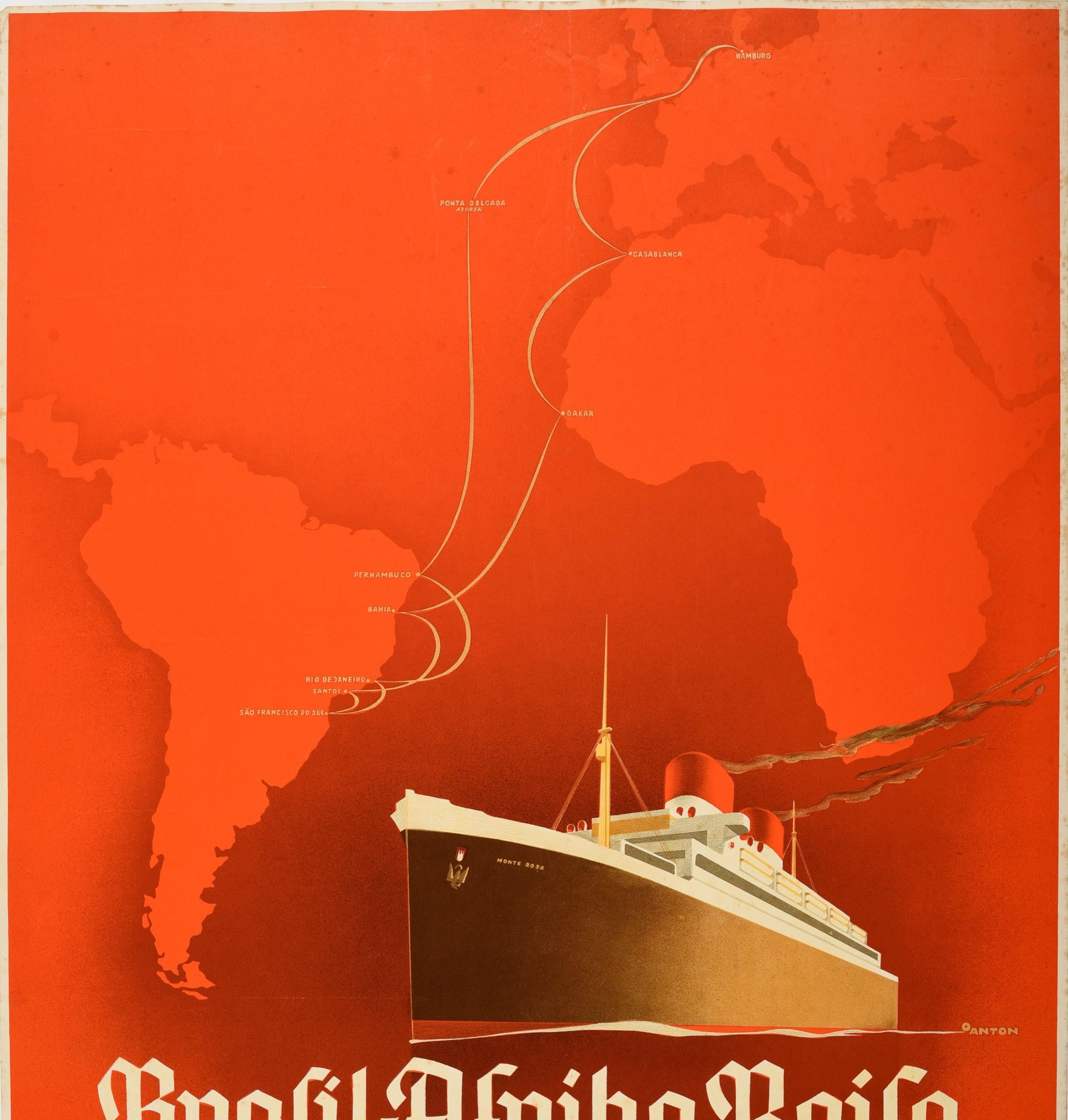 Art Deco Original Vintage Poster Brasil Africa Reise Cruise Travel Hamburg Sud Windrush