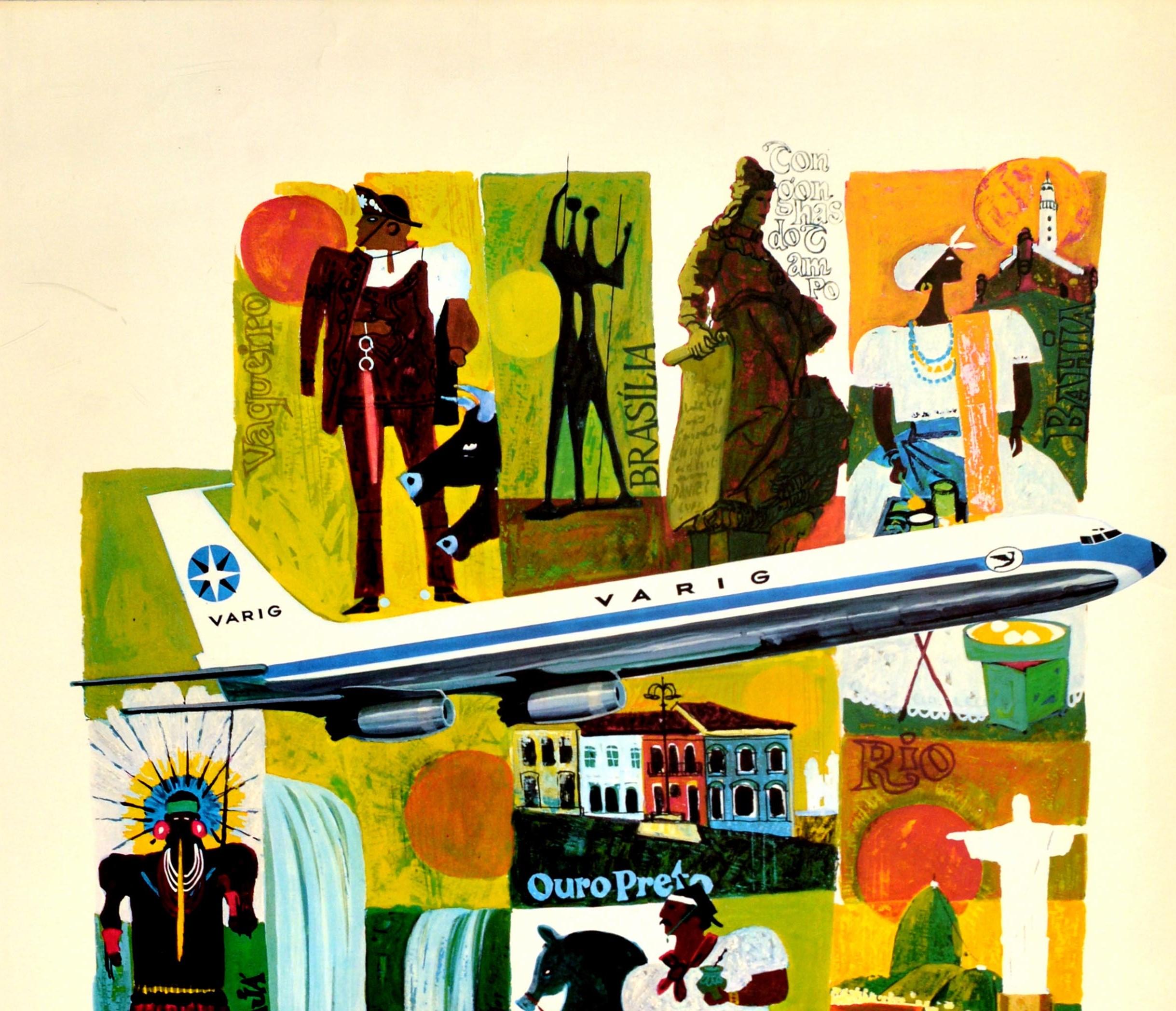 Original vintage airline travel poster for Brasil Varig featuring a colorful design with images representing different places of interest and cultures in Brazil including a vaquero / Mexican cowboy and a bull in front of a red sun, the historical