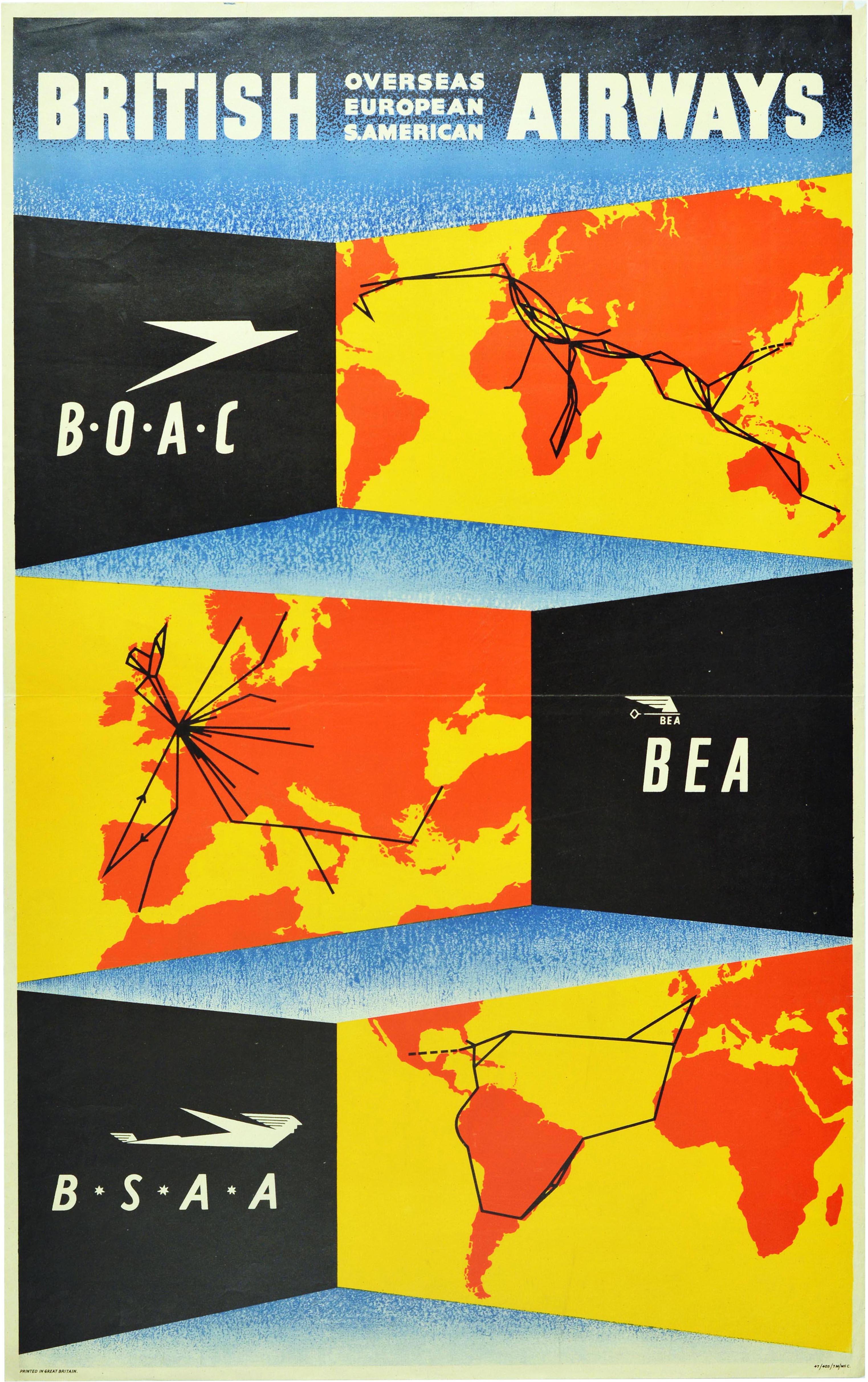 Affiche publicitaire originale d'époque faisant la promotion des compagnies aériennes britanniques - BEA BOAC BSAA British European Overseas S American Airways - présentant un graphisme coloré montrant trois cartes jaunes et orange sur lesquelles