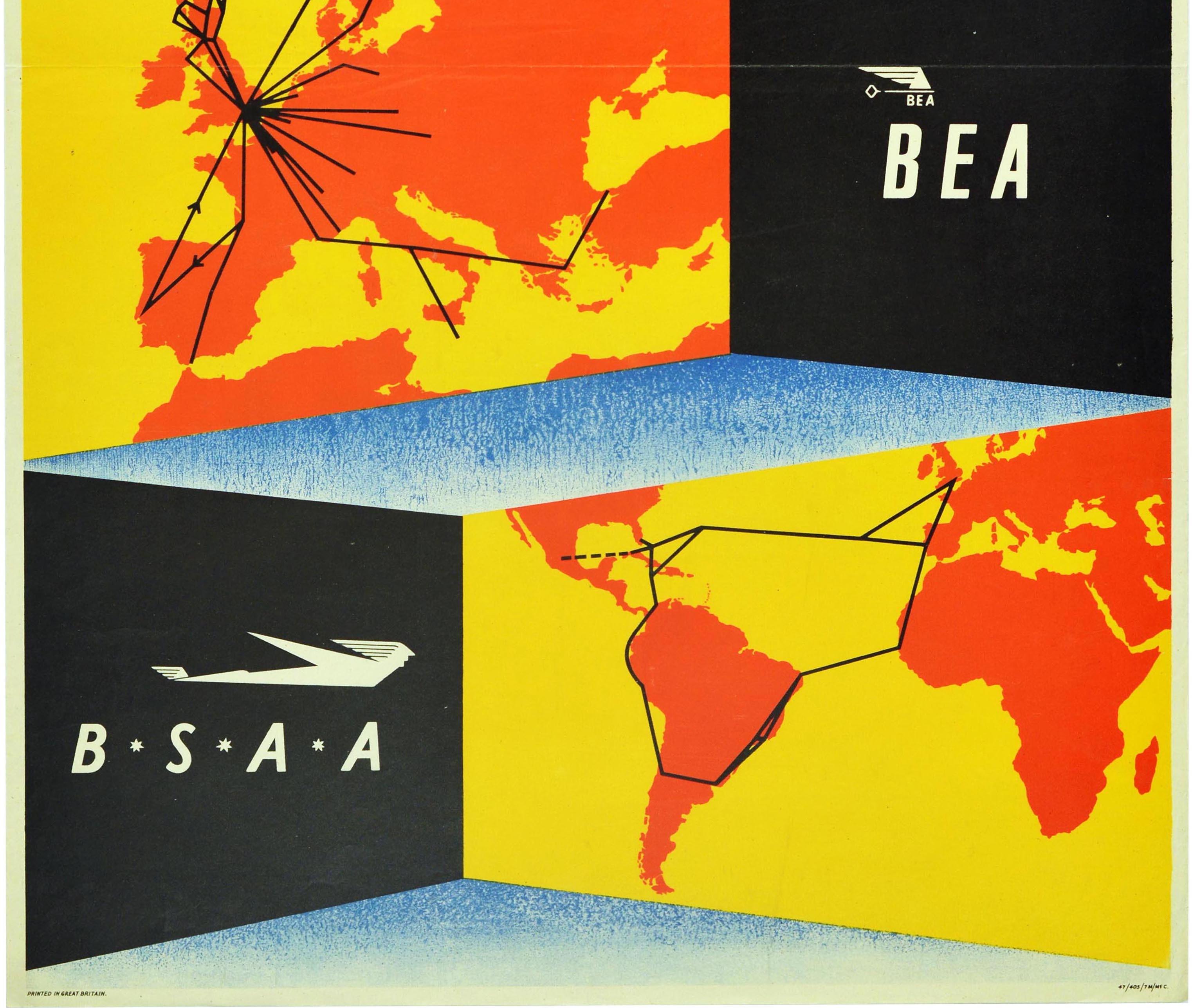 Britannique Affiche rétro originale de British Airways BOAC BSAA BEA, Carte mondiale des routes aériennes en vente