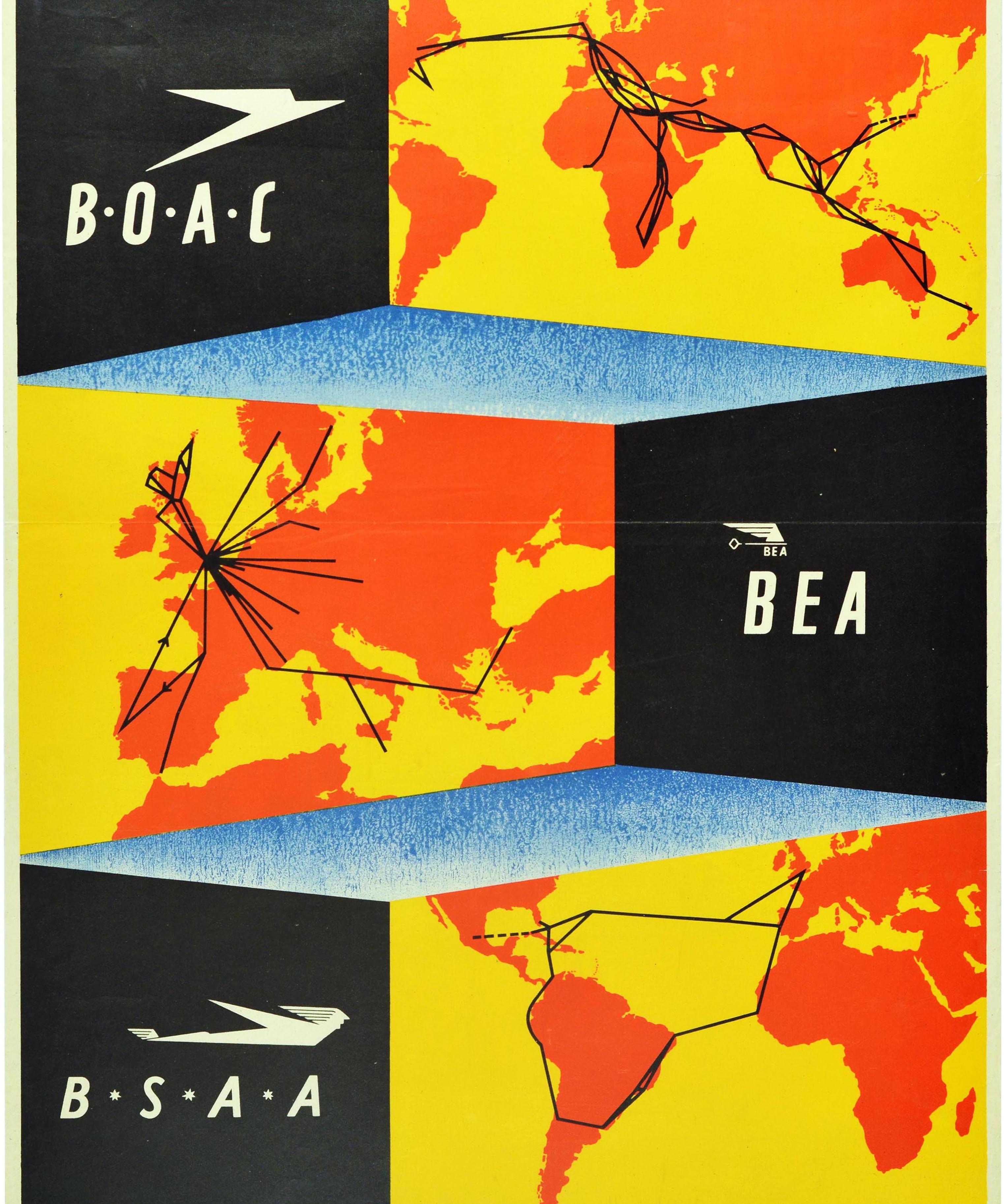 Affiche rétro originale de British Airways BOAC BSAA BEA, Carte mondiale des routes aériennes Bon état - En vente à London, GB