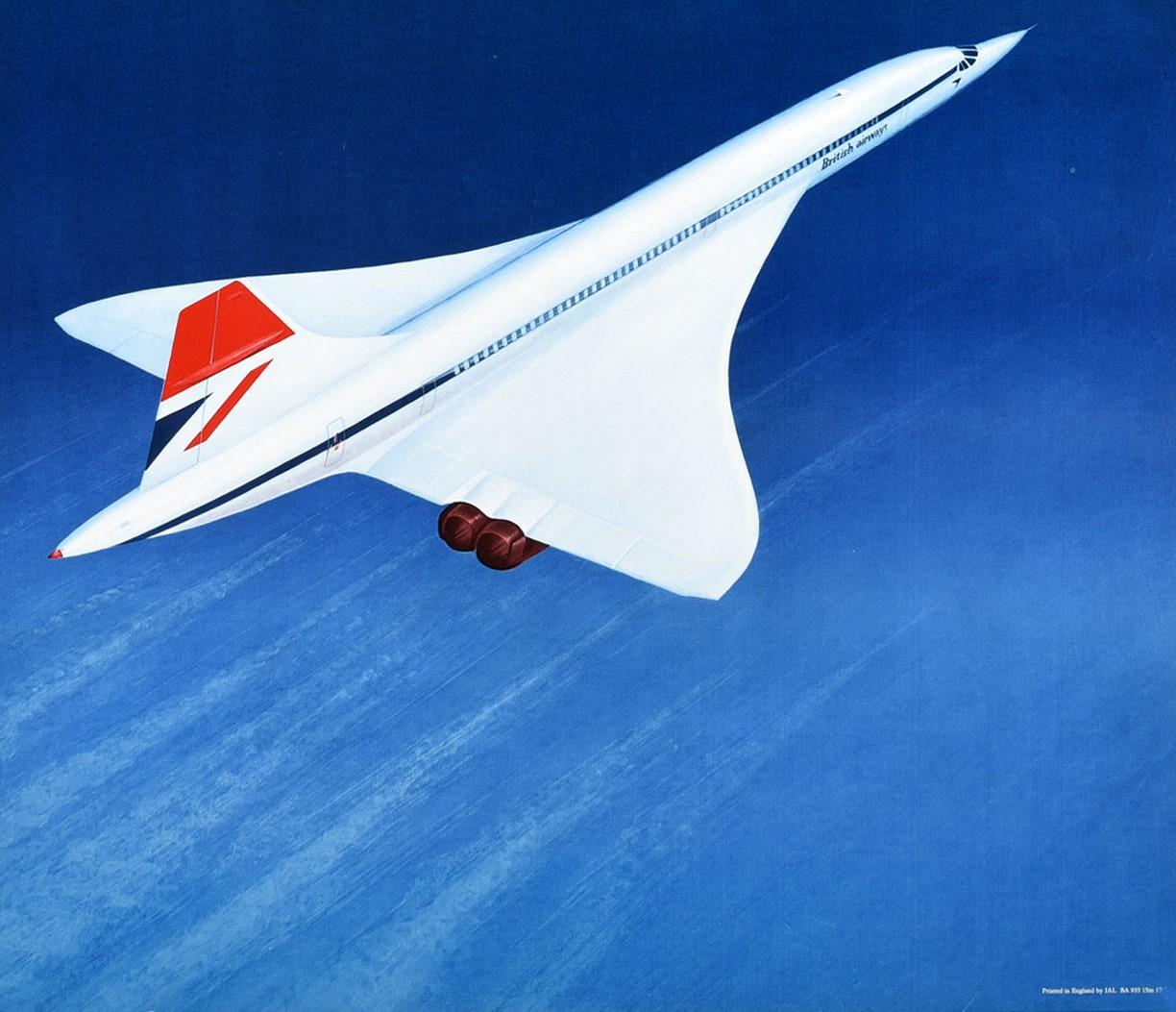 Original vintage travel advertising poster for British Airways Concorde featuring a colourful image of an iconic Concorde plane flying against the deep blue sky with the stylised bold lettering and crown logo inside the C above. Produced from