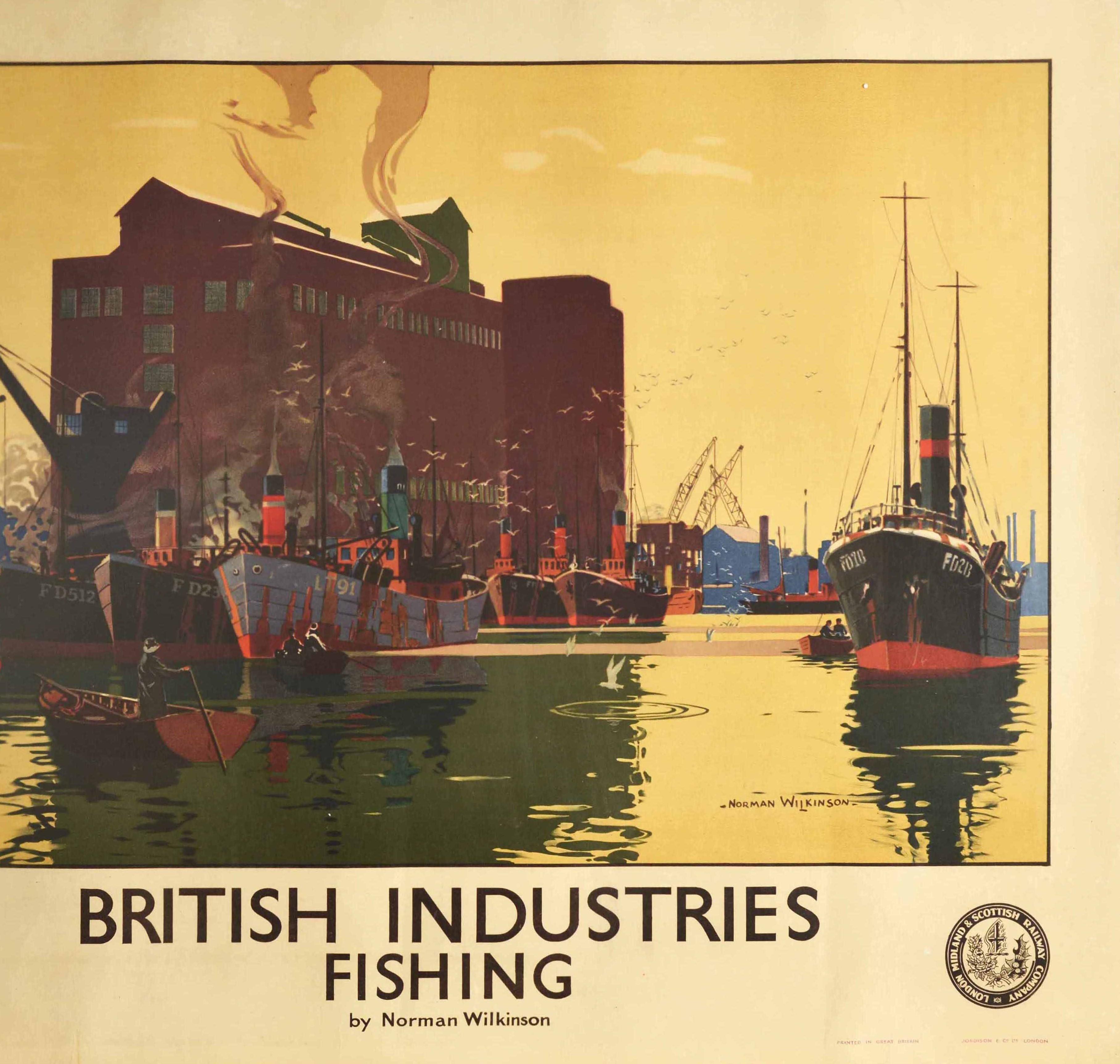 Original Vintage Poster British Industries Fishing Harbour LMS Railway Travel In Good Condition In London, GB