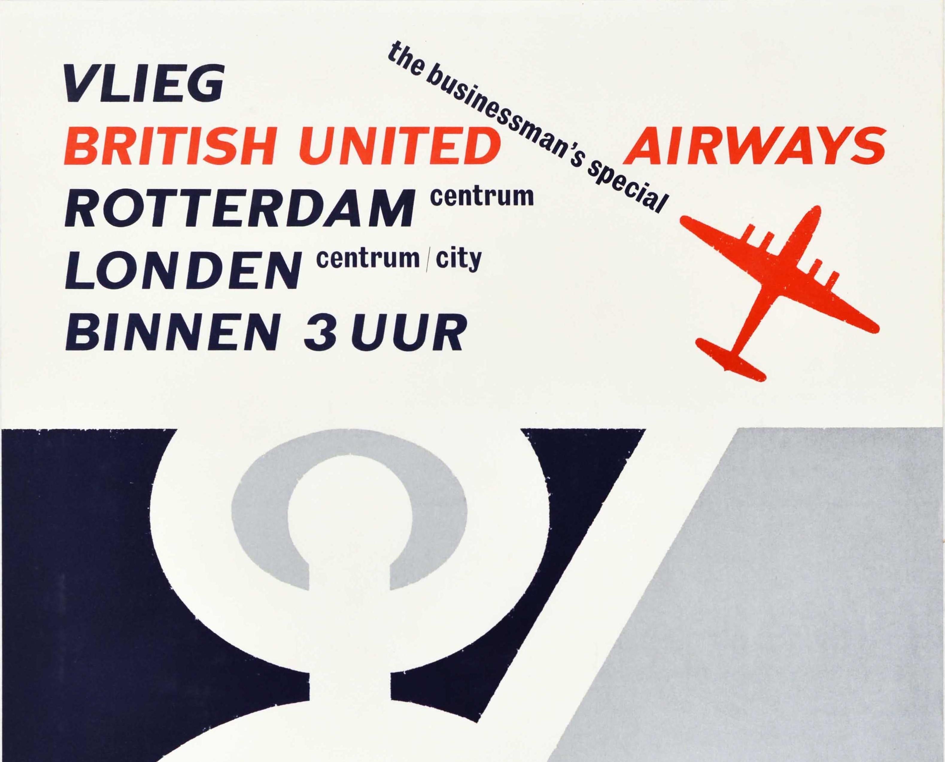 Affiche de voyage vintage originale pour British United Airways - Rotterdam centre jusqu'au centre de Londres / ville en 3 heures Le spécial de l'homme d'affaires - présentant un superbe design graphique montrant une montre avec trois heures