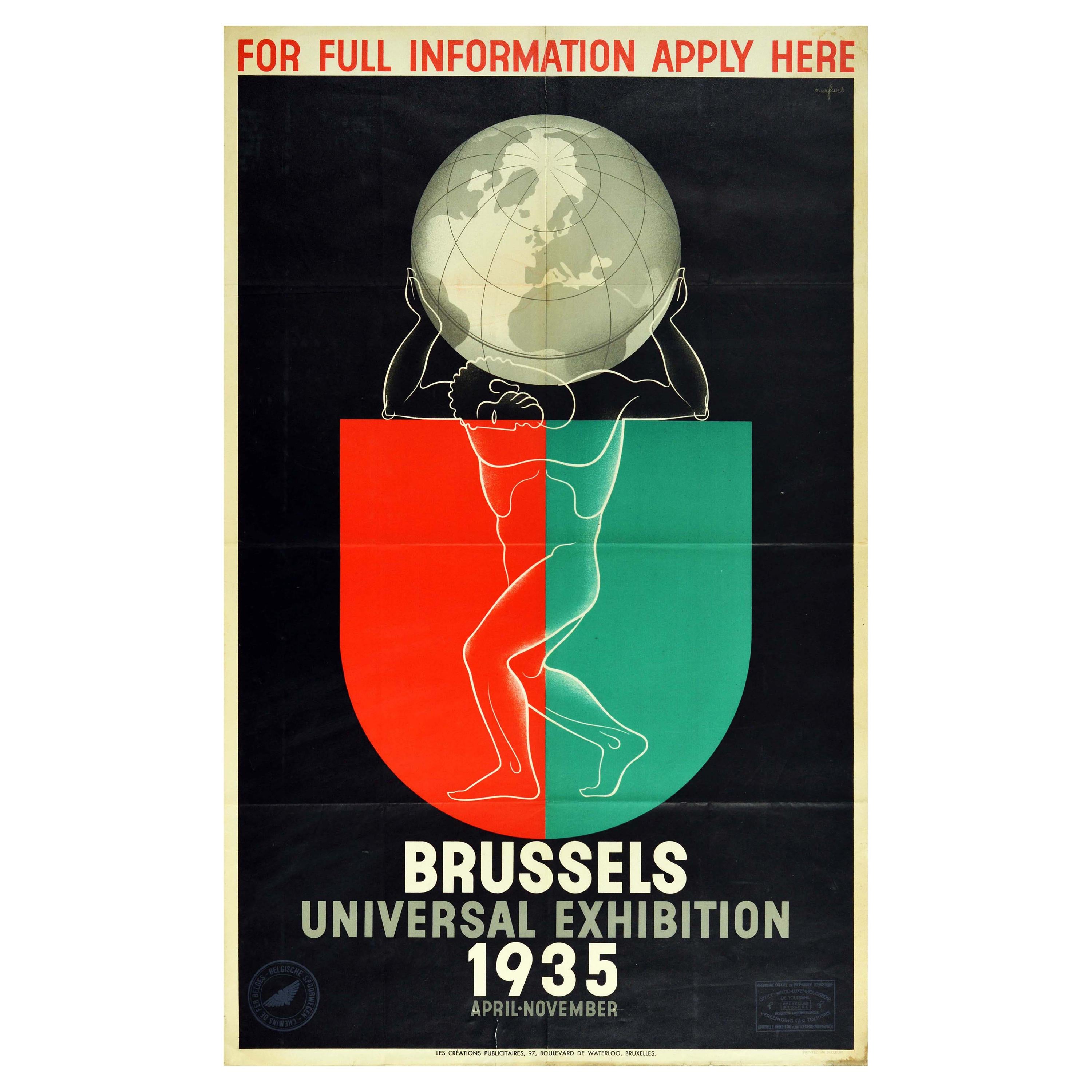 Original Vintage Poster Brussels Universal Exhibition World's Fair Atlas  Design For Sale at 1stDibs