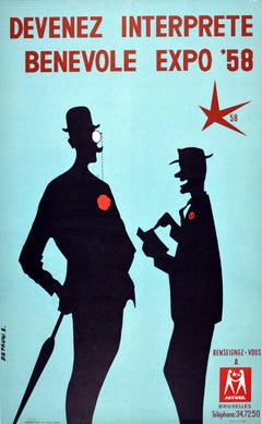 Original Vintage Poster Brussels Worlds Fair Expo Volunteer Interpreters