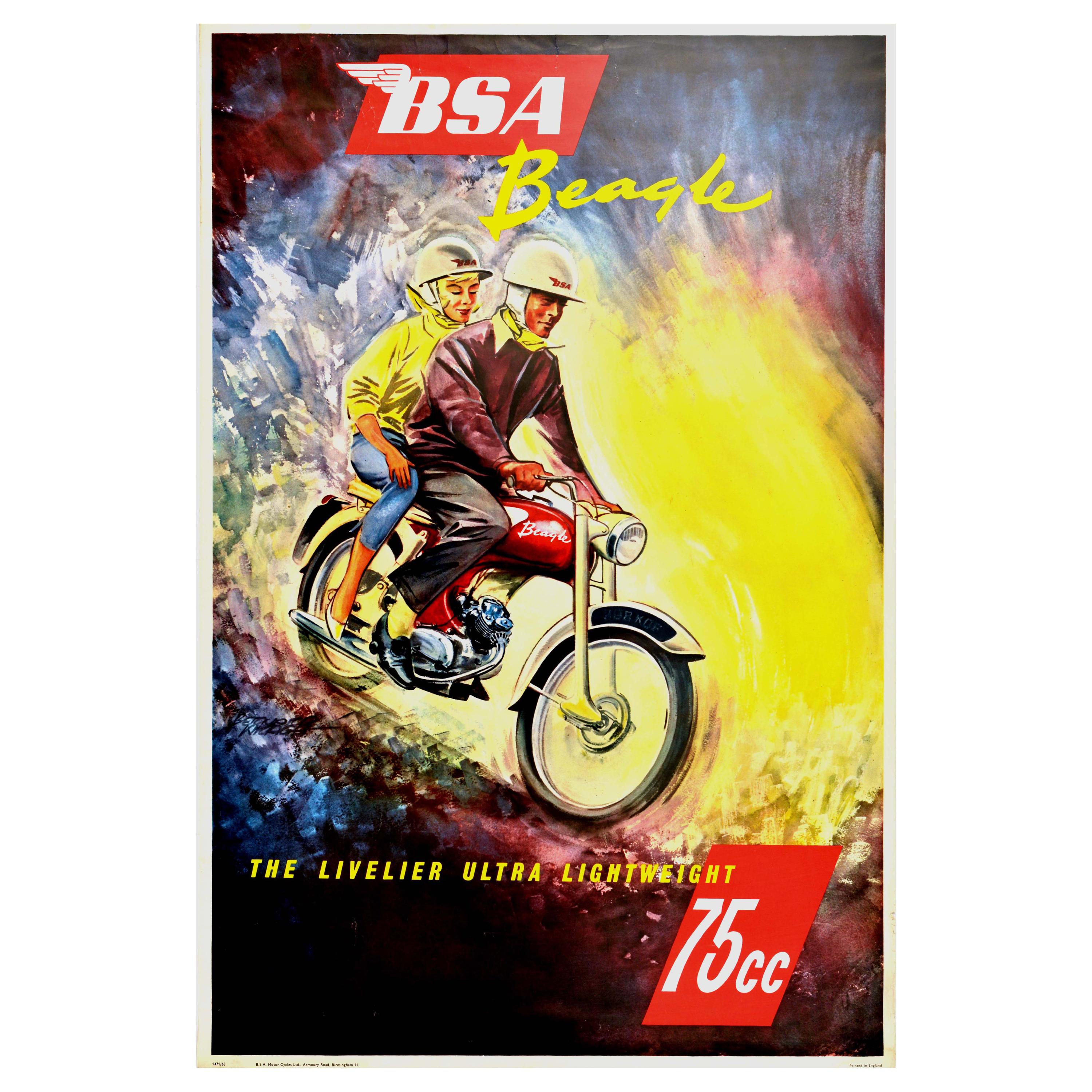 Original Vintage Poster BSA Beagle Motorcycle Art Ultra Lightweight 75cc Engine