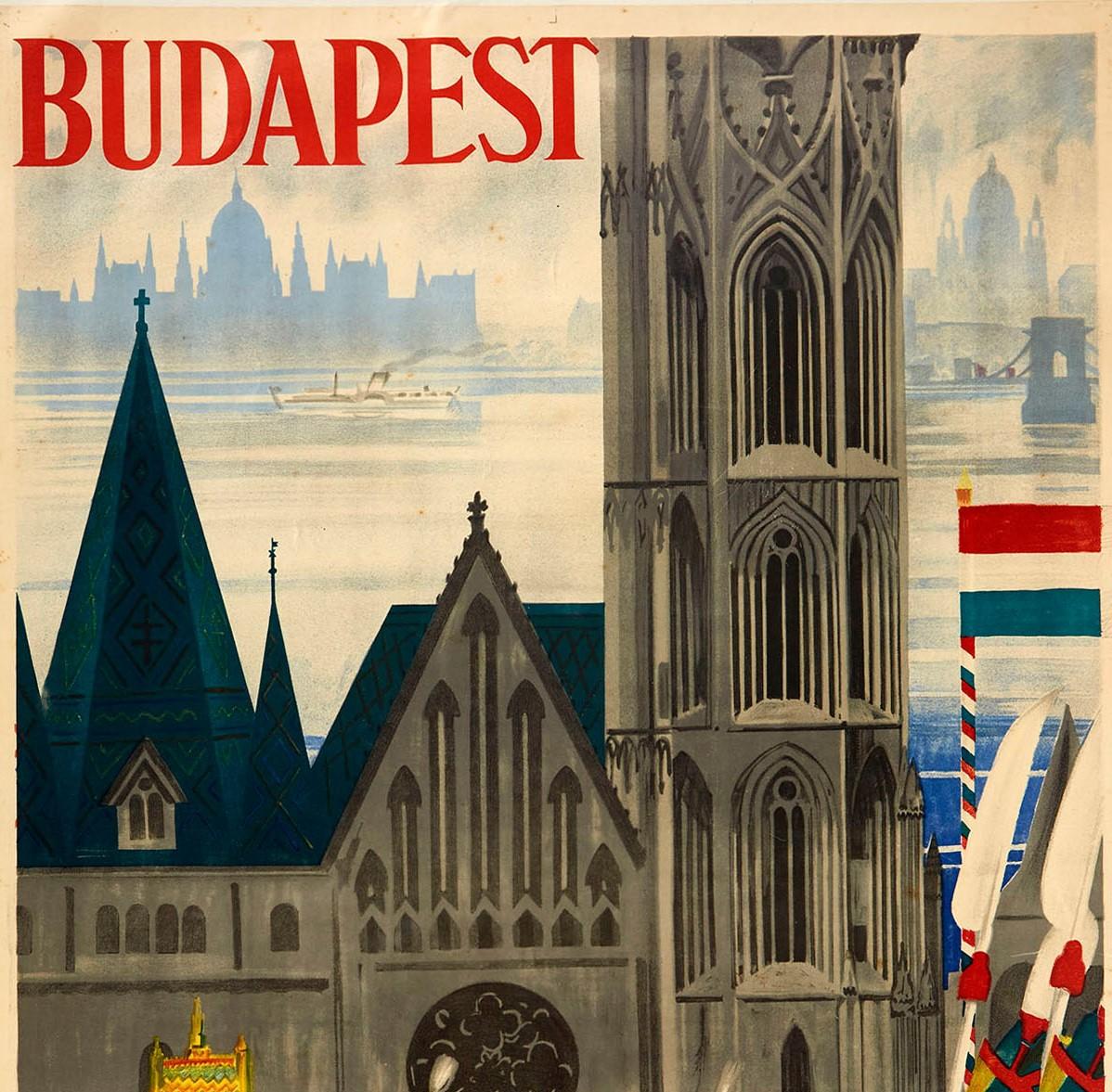Original vintage travel poster for Budapest featuring a great illustration by Jeges Erno (1898-1956) depicting a festival procession of people in traditional dress walking past the historic 11th century Matthias Church on Holy Trinity Square with a
