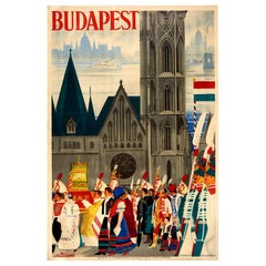 Original Vintage Poster Budapest Festival Hungary Travel Art Church Danube River