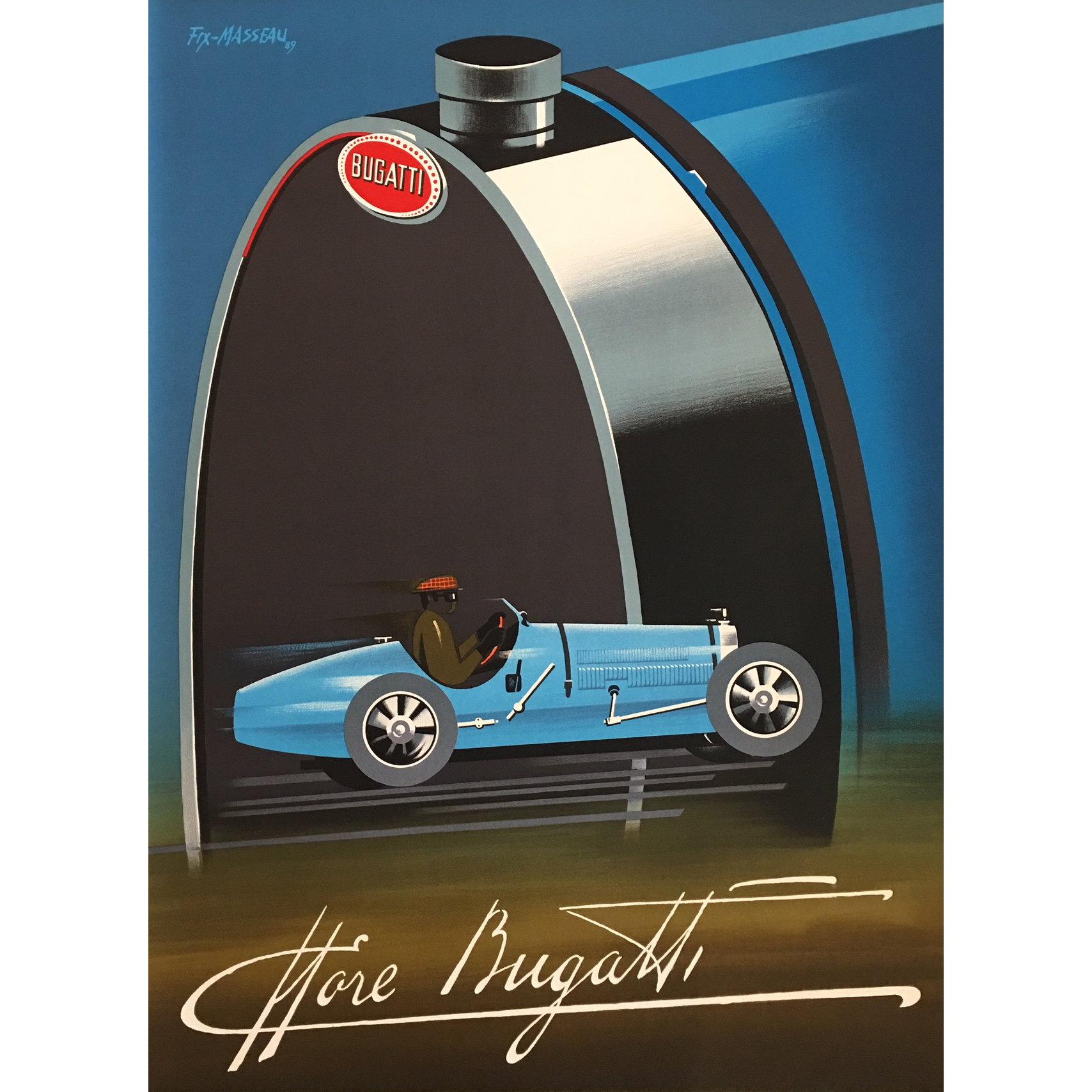 Original Vintage Poster Bugatti Car Lithograph by Fix Masseau 1989 French Poster