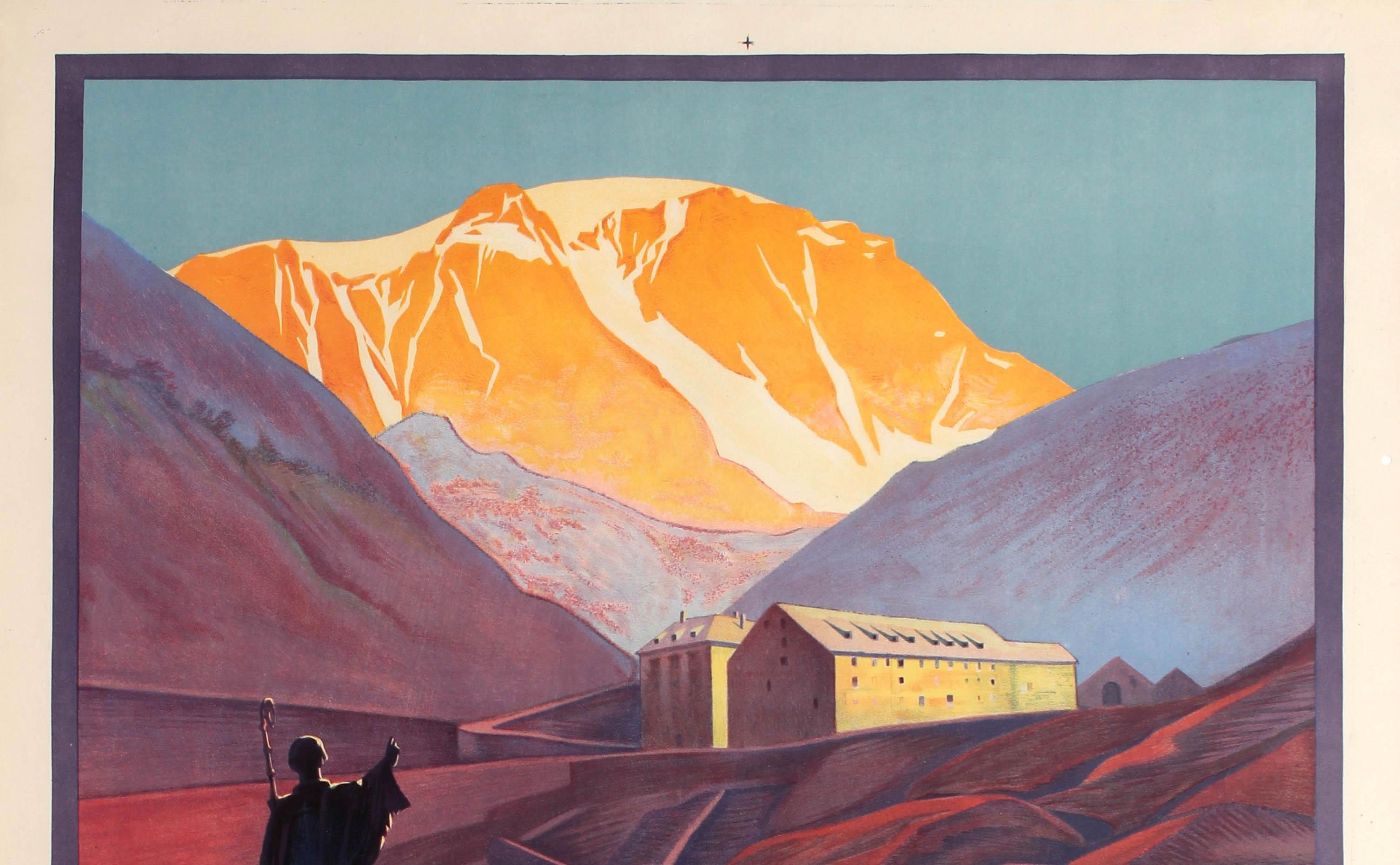 Original vintage PLM travel poster for the historic Col Du Grand St Bernard / Great St. Bernard Pass lying between Mont Blanc and Monte Rosa in the Alps connecting Martigny in Valais Switzerland with Aosta in Italy (a route used since the Bronze