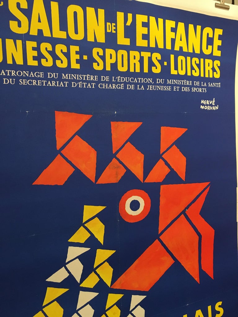 French Original Vintage Poster by Herve Morvan, 'Salon De L’enfance' Blue Rooster