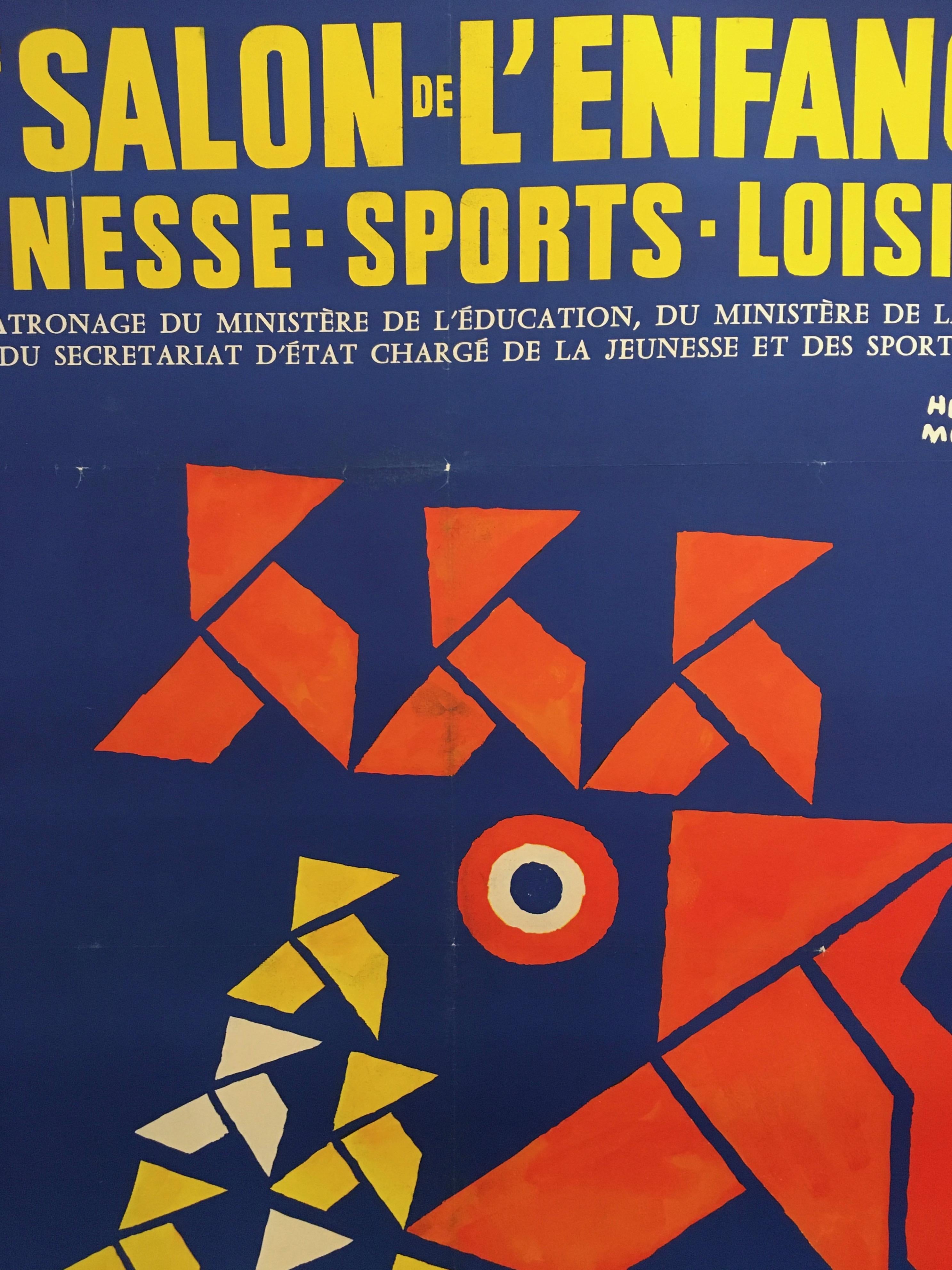 French Original Vintage Poster by Herve Morvan, 'Salon De L’enfance' Blue Rooster
