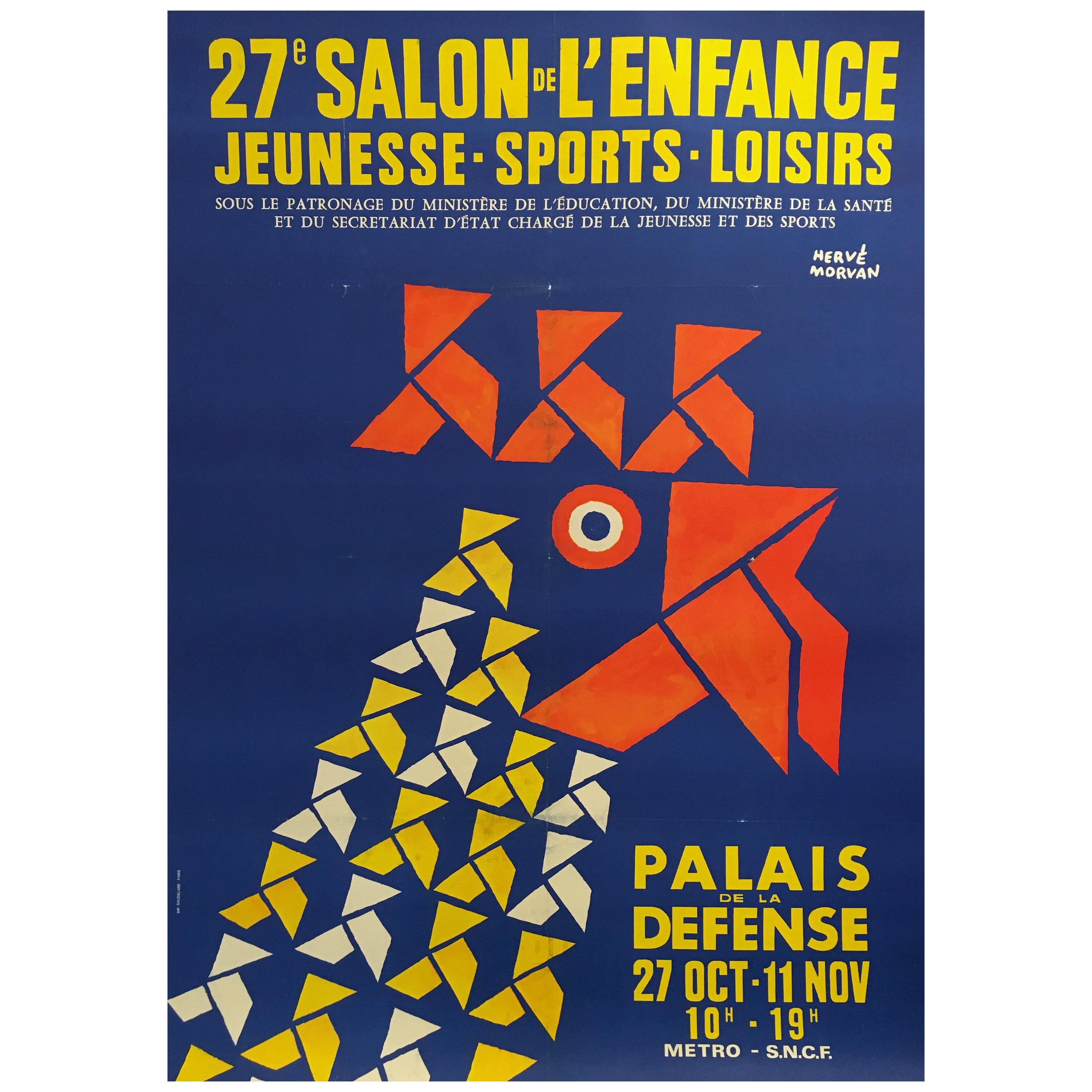 Original Vintage Poster by Herve Morvan, 'Salon De L’enfance' Blue Rooster