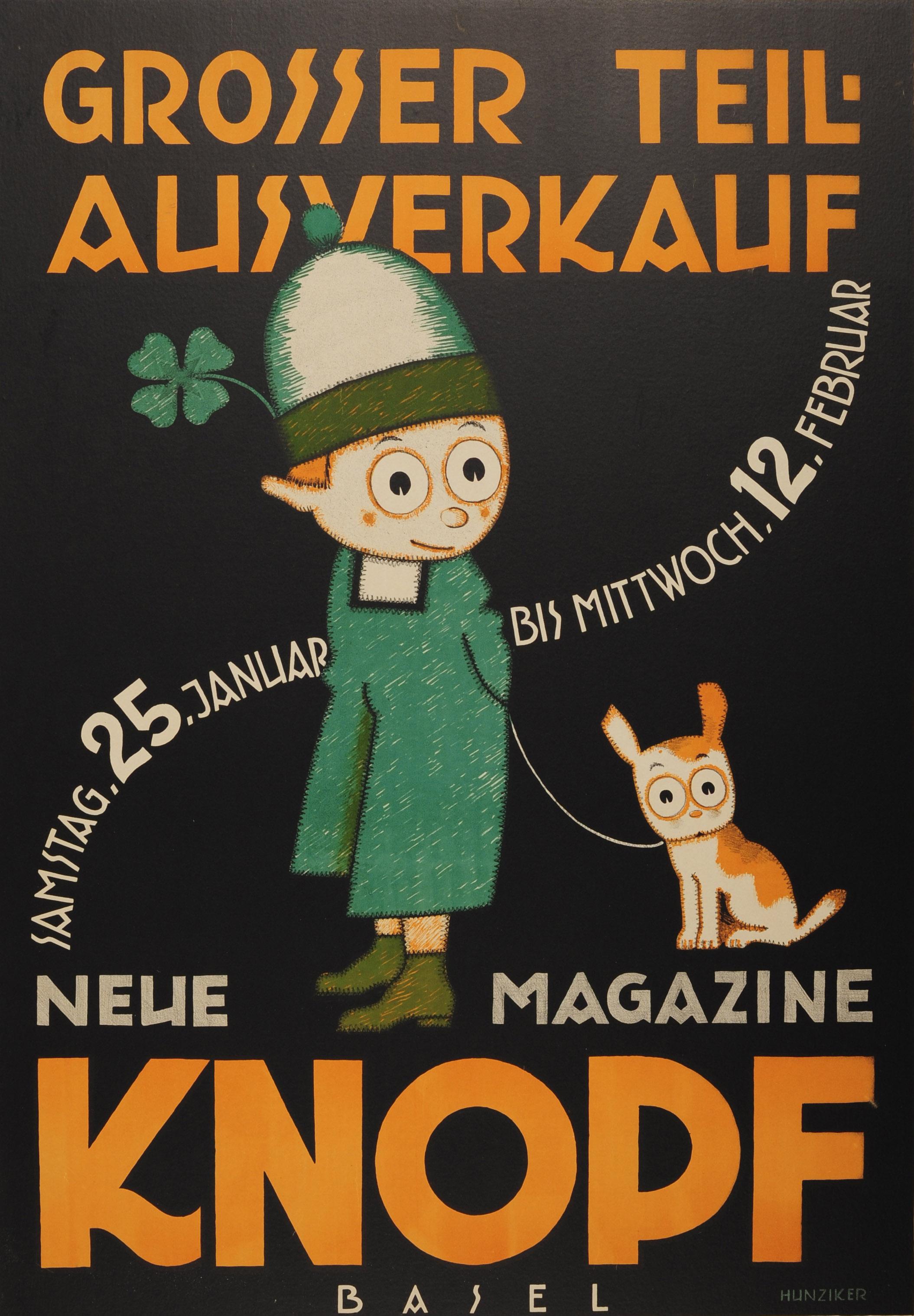 Original vintage German advertising poster for a sale in the Knopf children's shop in Basel featuring a fun image by Gerold Hunziker (1894-1980) of a dog on a leash held by a child like leprechaun character wearing a green outfit with a four leaf
