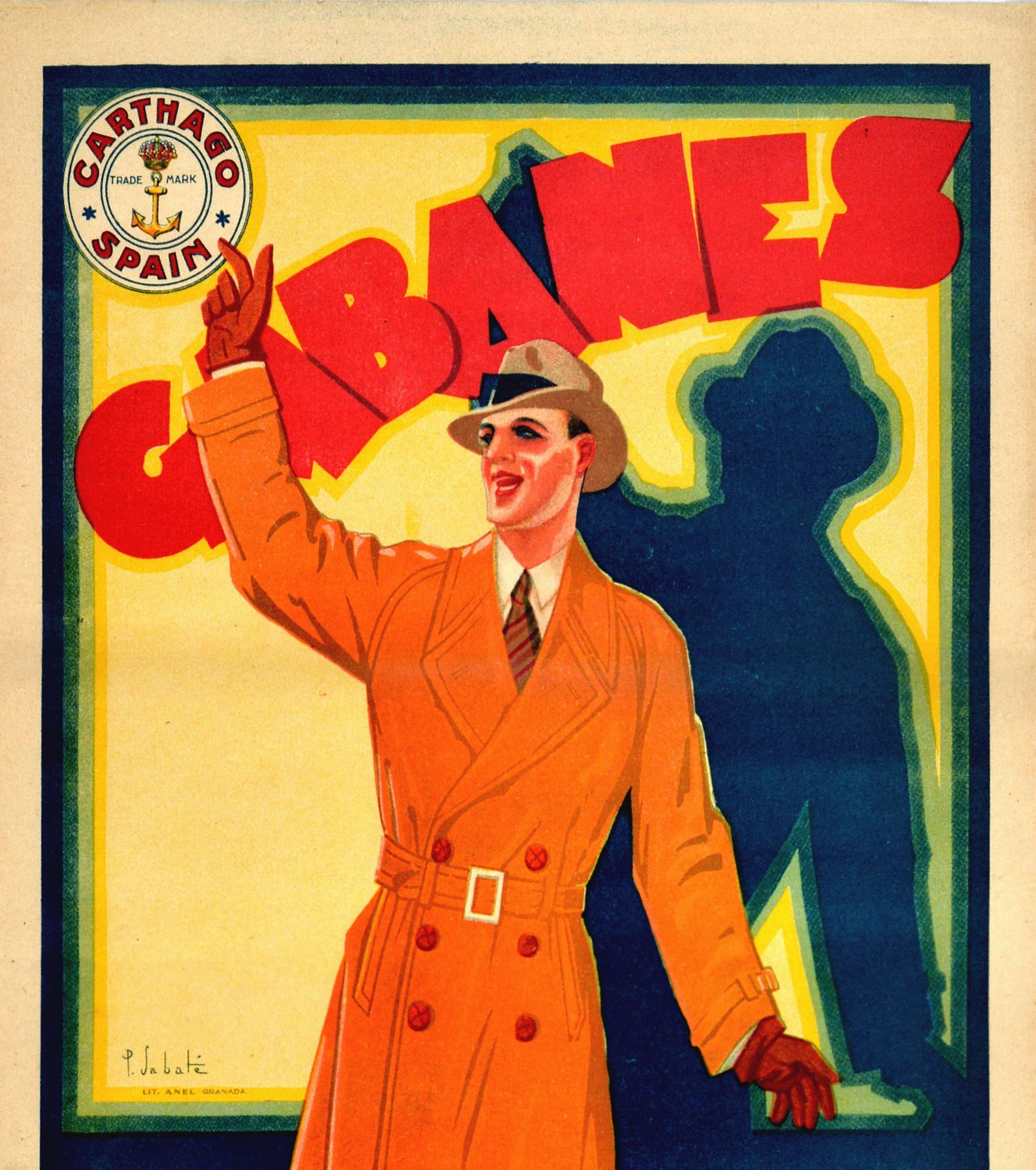 Original vintage men's fashion advertising poster for Cabanes Carthago Exposicion y venta J. Martinez Miralles La Neuva Aduaneta Alicante fedora hat retailer exhibition and sale of new styles featuring bold red Art Deco lettering behind a smartly