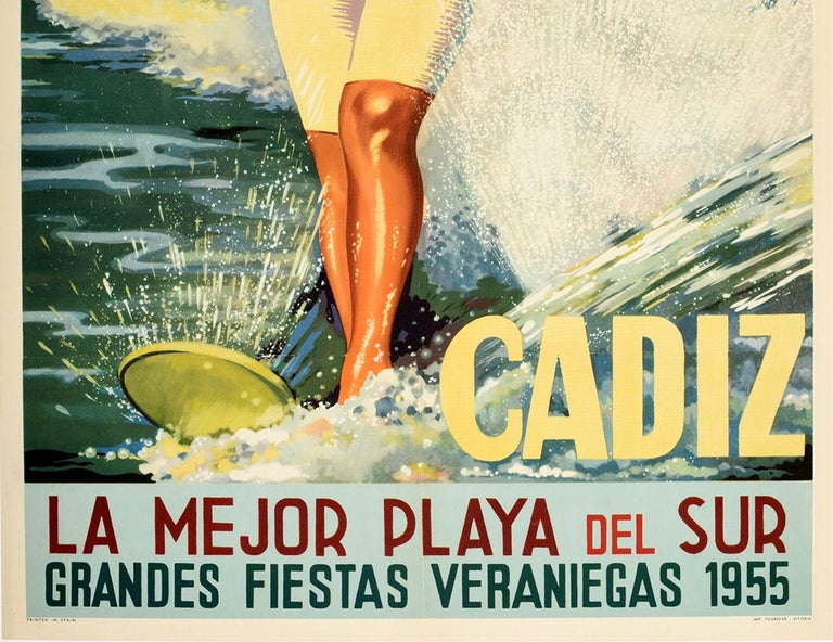 Spanish Original Vintage Poster Cadiz Best Beach Great Summer Holidays Water Ski Travel For Sale